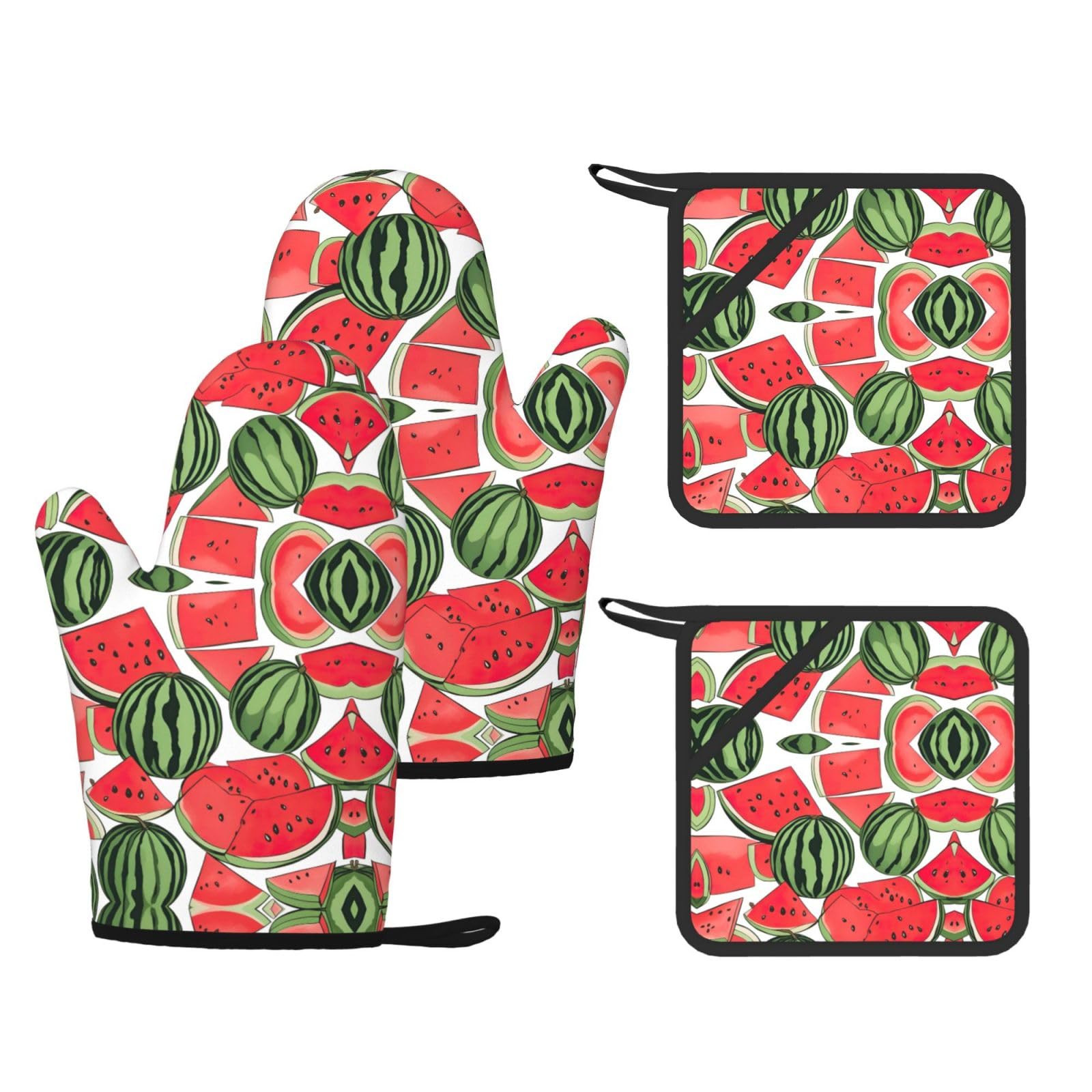 Red Watermelon Printed Pot Holders and Oven Mitts 4-Piece, Non-Slip Kitchen Gloves with Utensil Pocket for BBQ