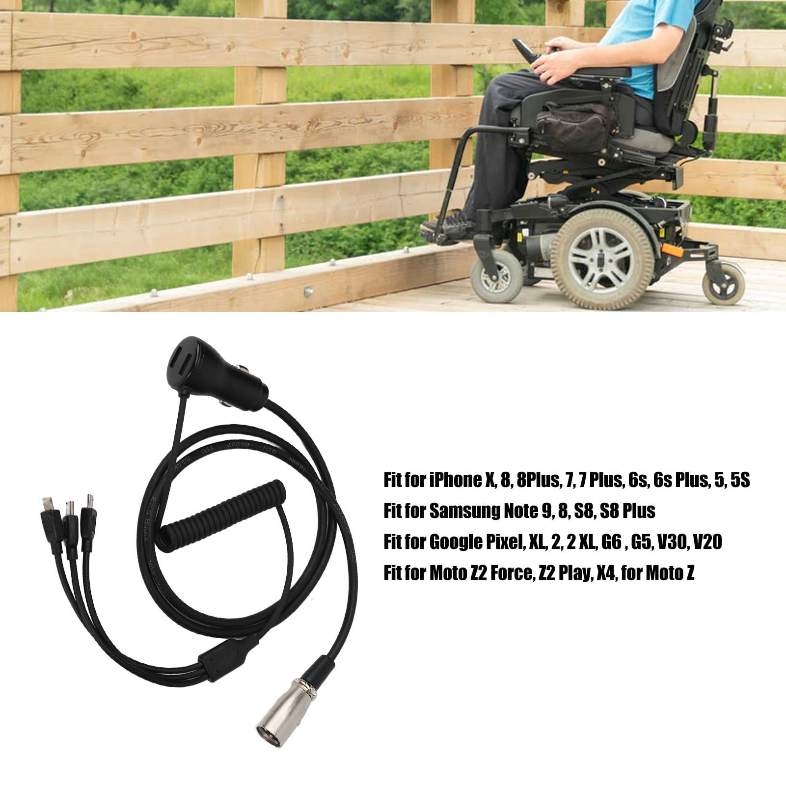 Cable de Carga para Silla de Ruedas, Cable de Carga USB para Silla de Ruedas, Rendimiento Estable Multifuncional 3 en 1 para Salidas en Scooter Eléctrico
