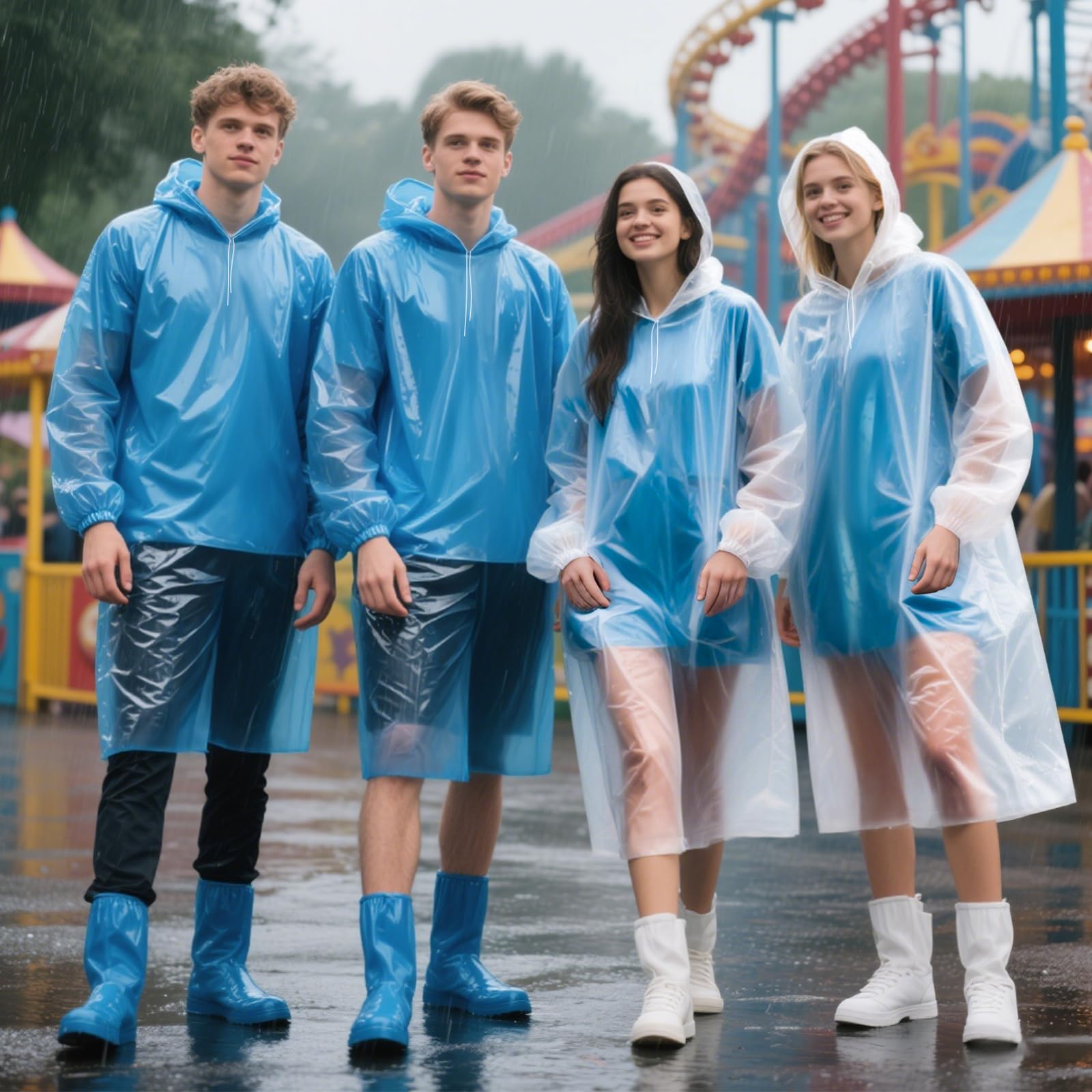 GAOHUI Lot de 4 Ponchos de Pluie Jetables Adultes Adolescents Capuche Protection Extérieur Transparent Bleu