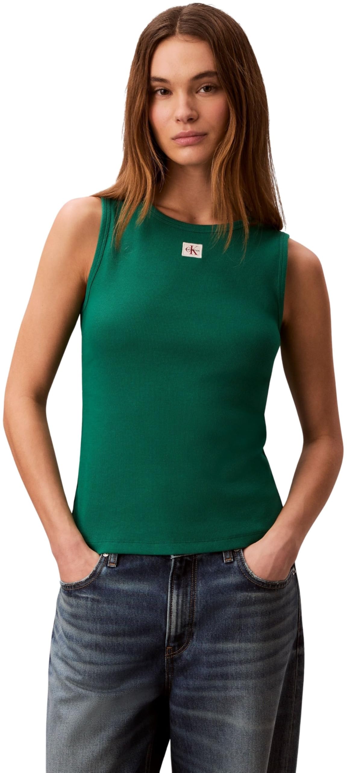 Calvin Klein Women's Sl Woven Label 2X2 Baby Rib Cuto LV047F246G Tank Top, Green, L