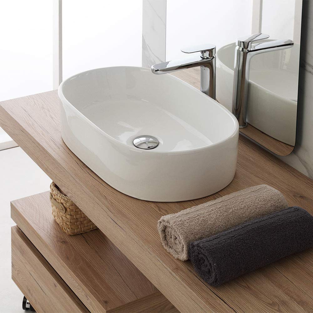 Lavabo da Appoggio Bianco in Ceramica, 55,5 x 34,5 x h.14 cm, Lucido dal Design Moderno