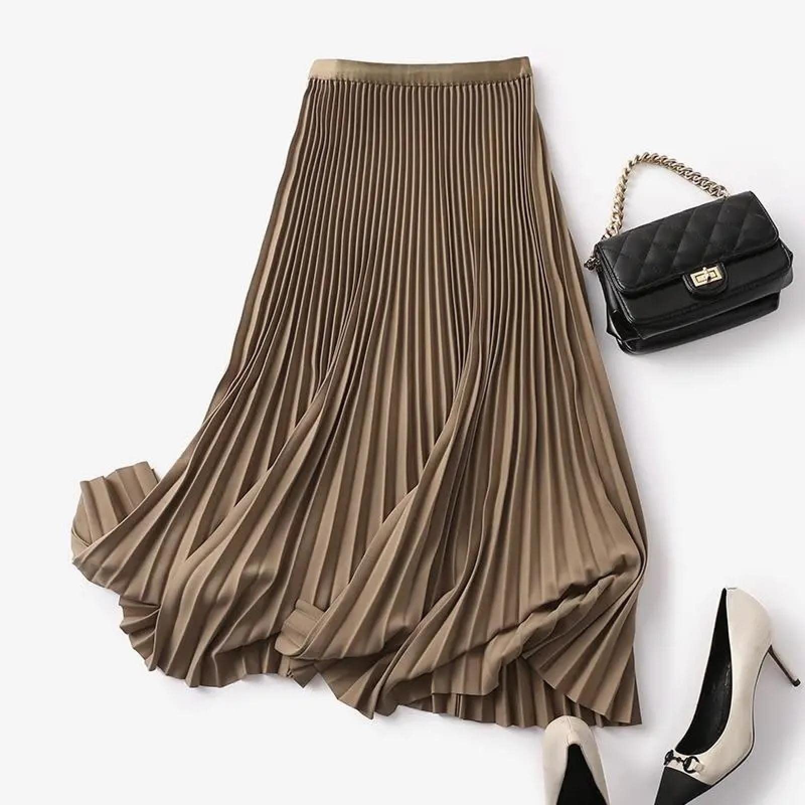 Röcke Für Damen Plisseerock Damenrock Kilt Lange Faltenröcke Für Damen Frühling Herbst Chic Gummiband Mode A-Linie Elegant Büro Damen Luxus Midirock XL Hellbraun