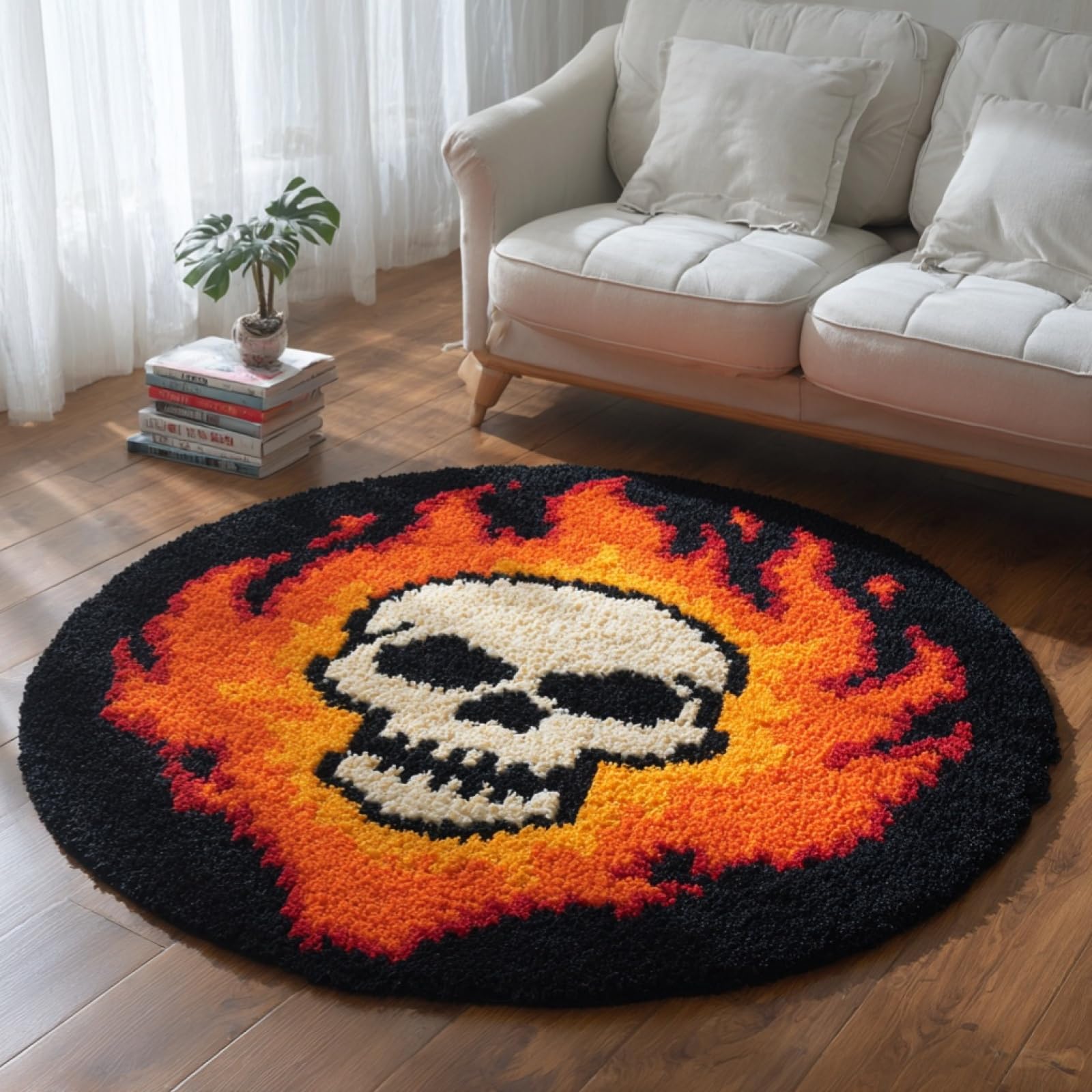WallustrioaW DIY Latch Hook Rug,Flaming Skull,Crochet Kits Embroidery Kits Home Carpet Rug Making Canvas,Needlework Crafts for Home Decor,50x50cm