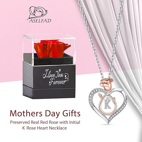 Miniatura 3 de ASELFAD Birthday Gifts for Women Preserved Real Red Rose with Initial K Rose Heart Necklace -Forever Flowers for Delivery Prime Birthday Gifts for
