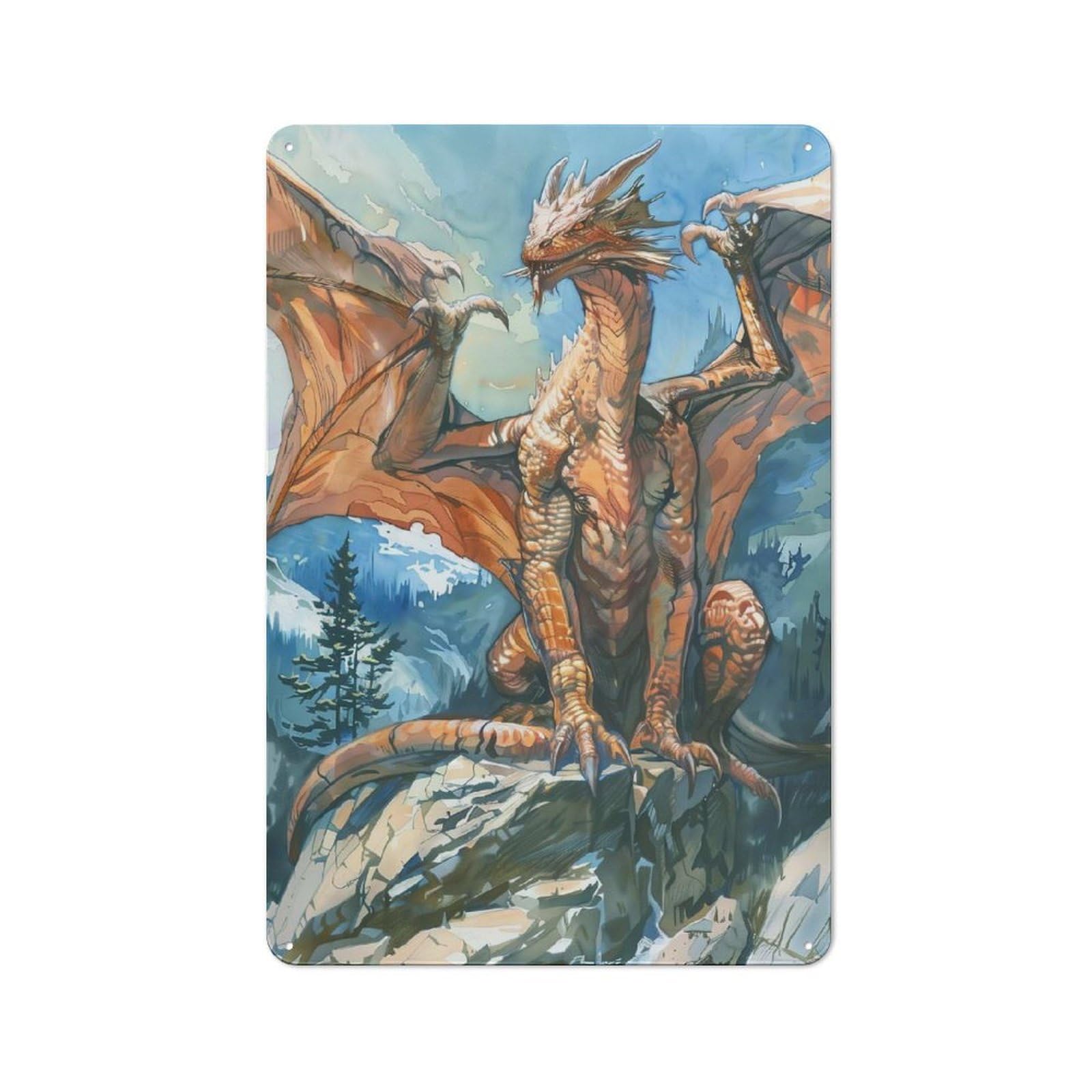 Junmoney Giant Dragon Sketch Decorative Metal Sign 30X20cm, Creative Studio Wall Plaque For Hobby Room, Office, Lounge Or Living Room