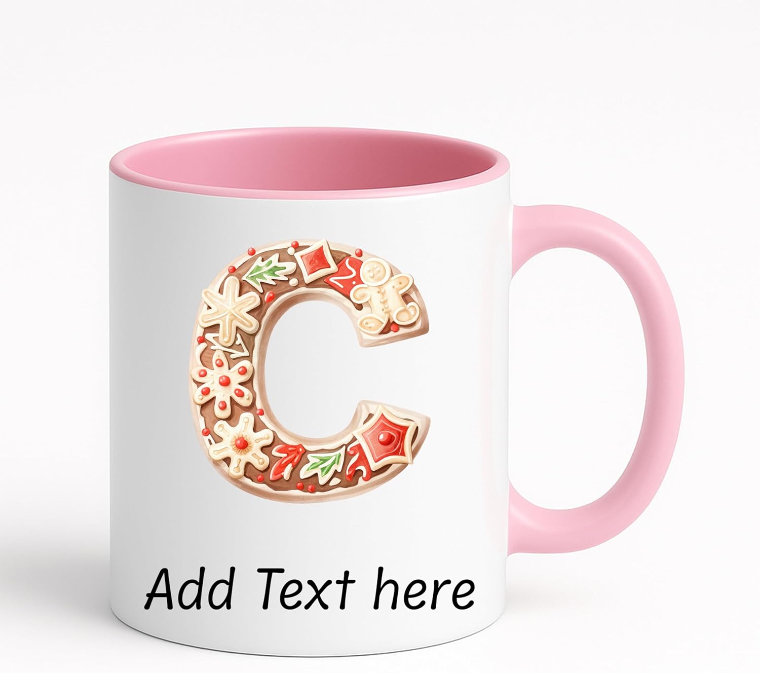 Personalized Christmas Initial Mug – Custom A-Z or 0-9 Monogram, Gingerbread Letter Design, Add Name or Date, 11oz Ceramic Cup, Dishwasher Safe Holiday Gift (Pink) - Image 3
