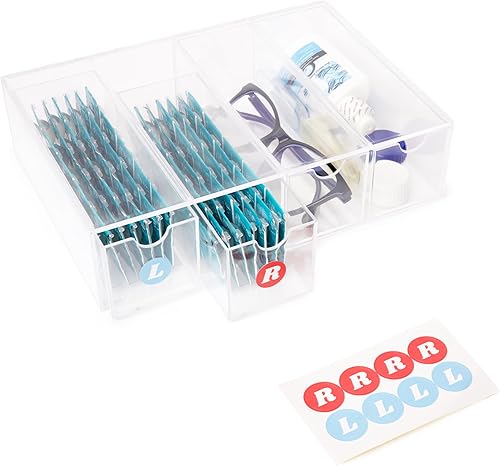 Dispensador diario organizador de lentes de contacto con etiquetas R & L - Almacenamiento de 4 cajones para lentes de contacto - Estuche