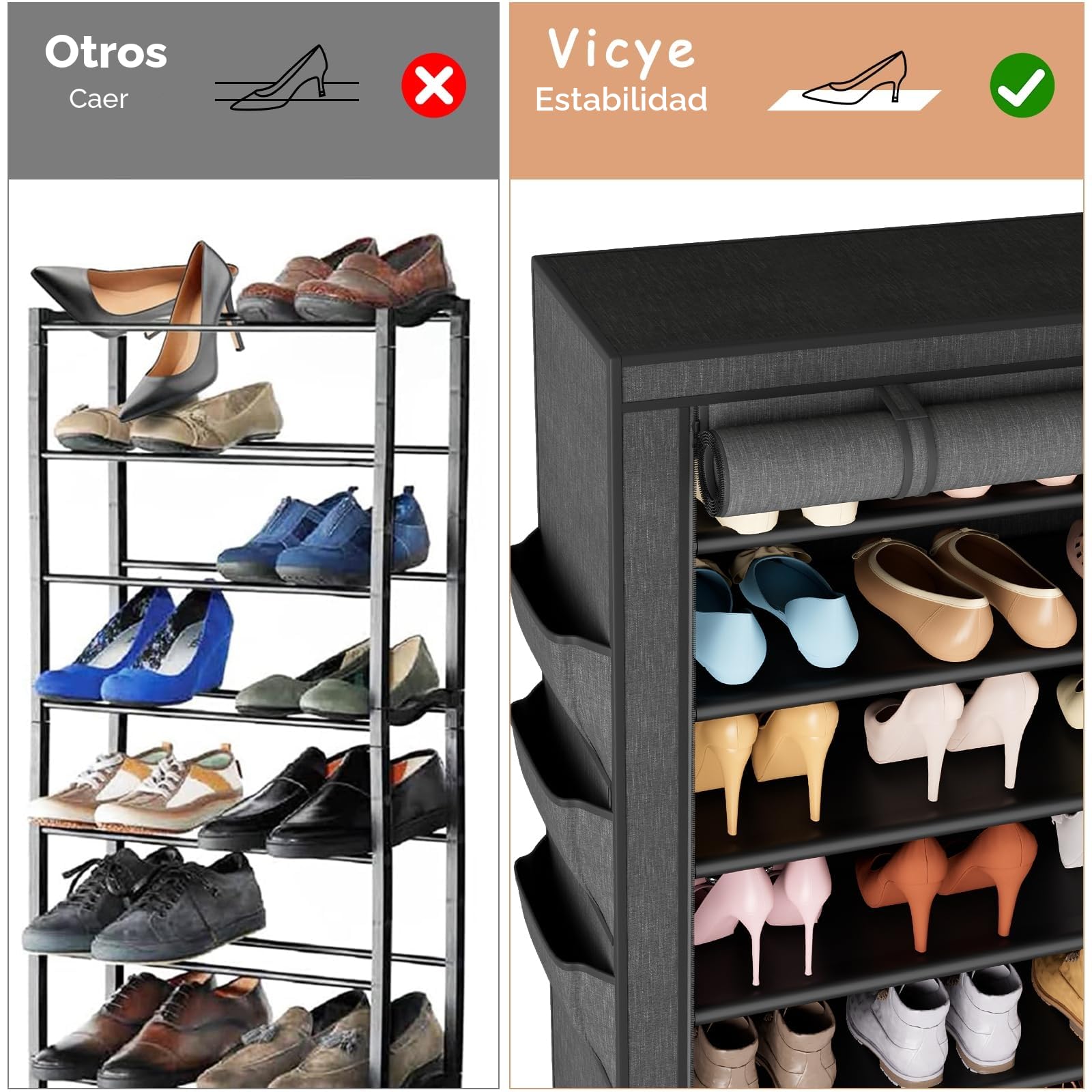 Vicye Zapatero de Tela de 11 Niveles, Armario Zapatero Alto para 36-41 Pares de Zapatos, Estrecho y Alto con Cubierta Antipolvo, Ideal para Entrada, Sala de Estar, Negro