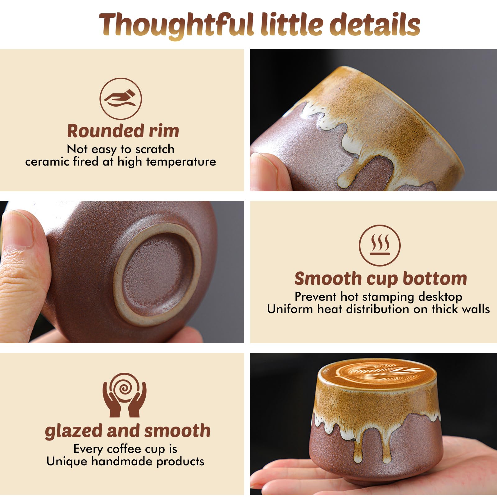 Set di 4 tazze da caffè da espresso, 200 ml, in porcellana, realizzate a mano, piccole tazzine da caffè, tazze da espresso, a parete spessa, per espresso, moka, macchiato, tè