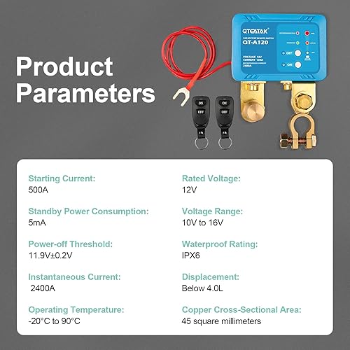 Miniatura 5 de QTEATAK Interruptor inalámbrico de batería de coche con control remoto  12 V 120 A, 2400 A corriente instantánea, antirrobo, protección contra fugas