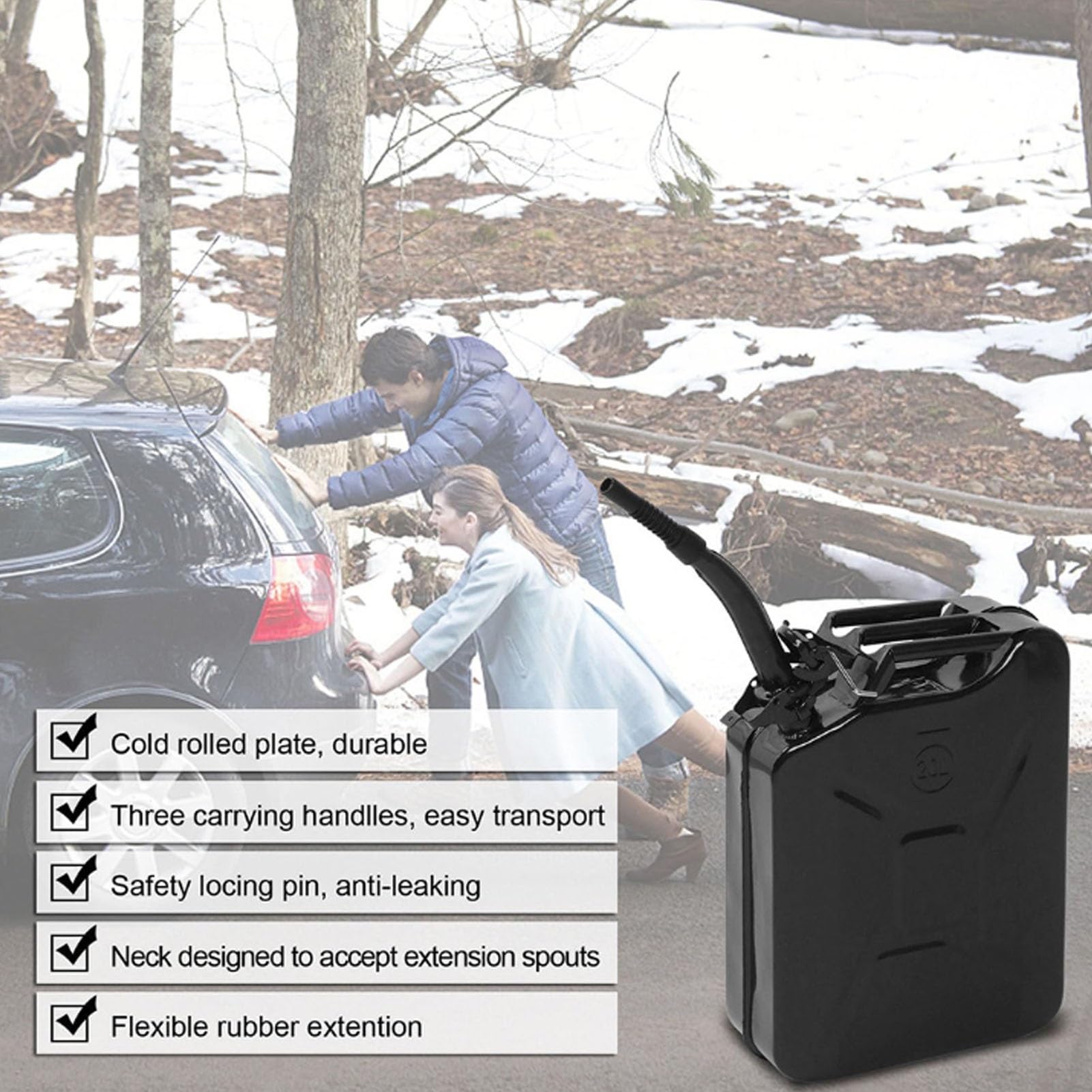 Schwarzer 20-Liter-Metallkanister für Benzin und Diesel, tragbar mit flexiblem Ausgießer, für Pkw, Geländefahrzeuge und Notversorgung im Notfall