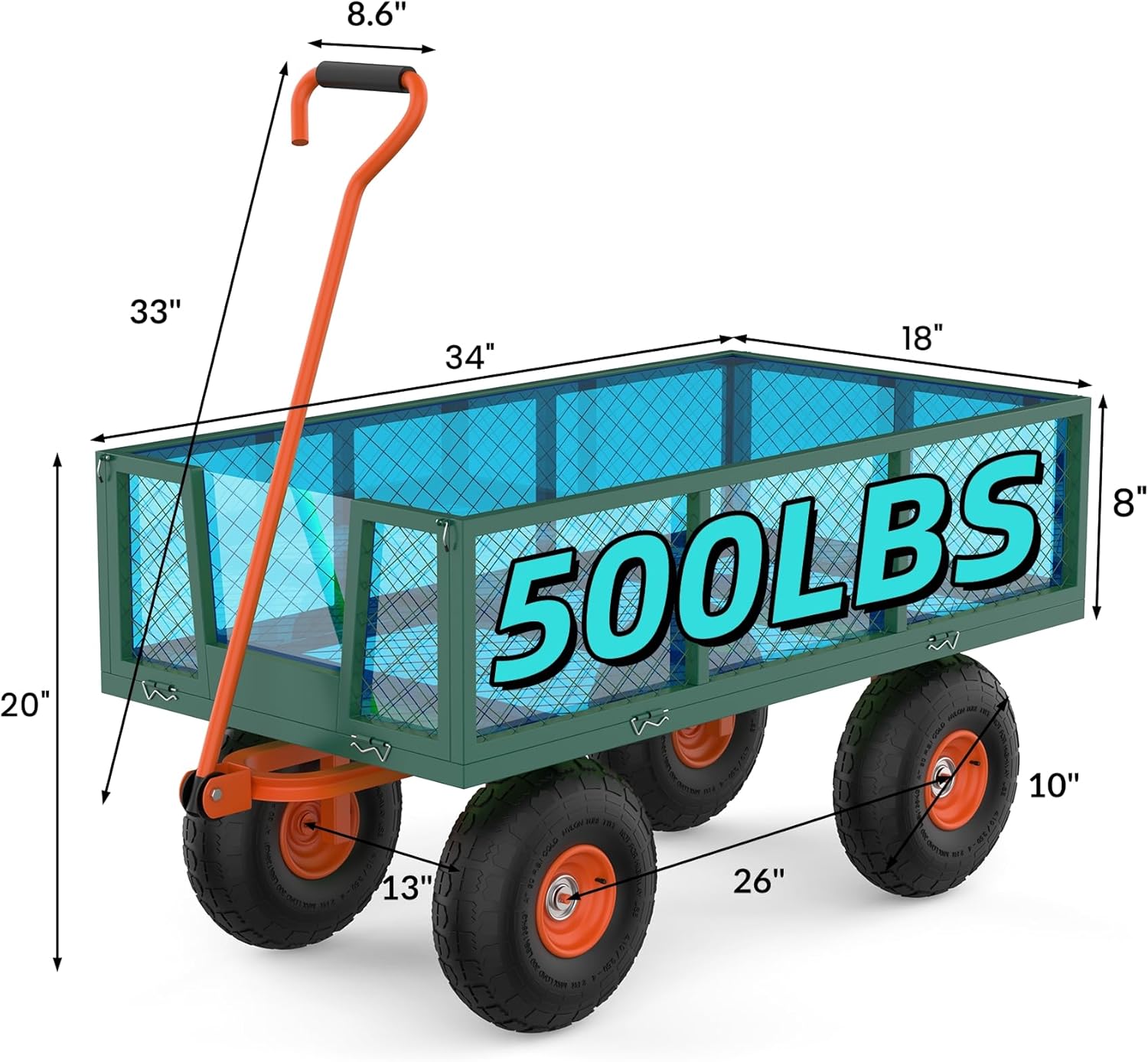 Steel Garden Cart, 500 LBS, 3 in-1 Folding Utility Wagon with Removable Sides, 10 in Tires, 180° Rotating Handle for Outdoor, Farm, Lawn and Garden, Heavy Duty Flatbed, Green & Orange