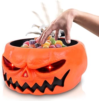 Halloween Candy Bowl, Animated Halloween Skull Pumpkin Bowl, Automatic Sensor/Button Press Scary Candy Dish with Creepy Moving Skeleton Hand and Scream for Trick or Treat to KidsPumpkin Style