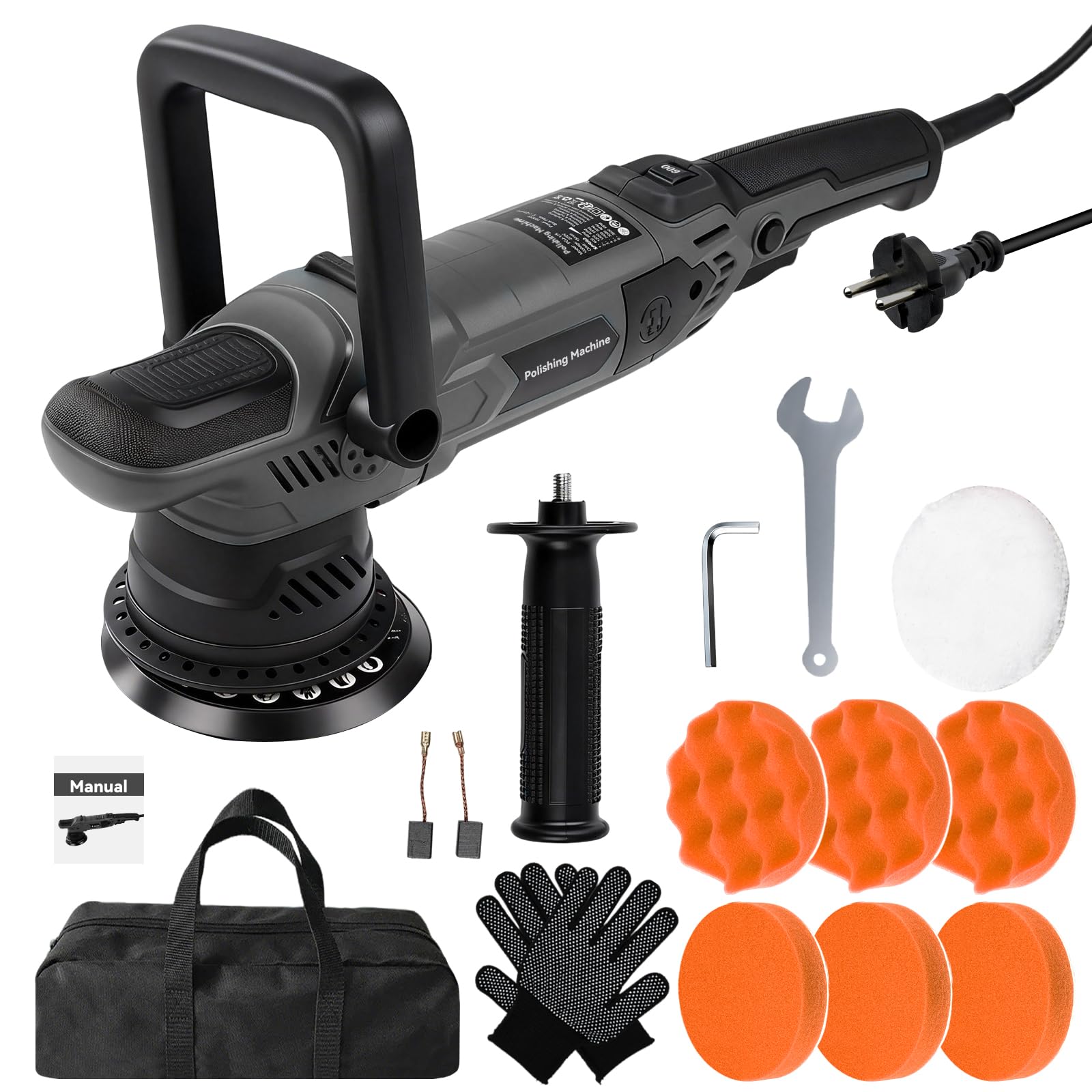 Pulidora Orbital 1600W, Kit Pulidora Coche, Máquinas Pulidoras Excéntrica 15mm, 6 Velocidades Variables con Plato de Pulido de 5 Pulgadas, Mango en D Extraíble, para Detallado, Pulido y Encerado