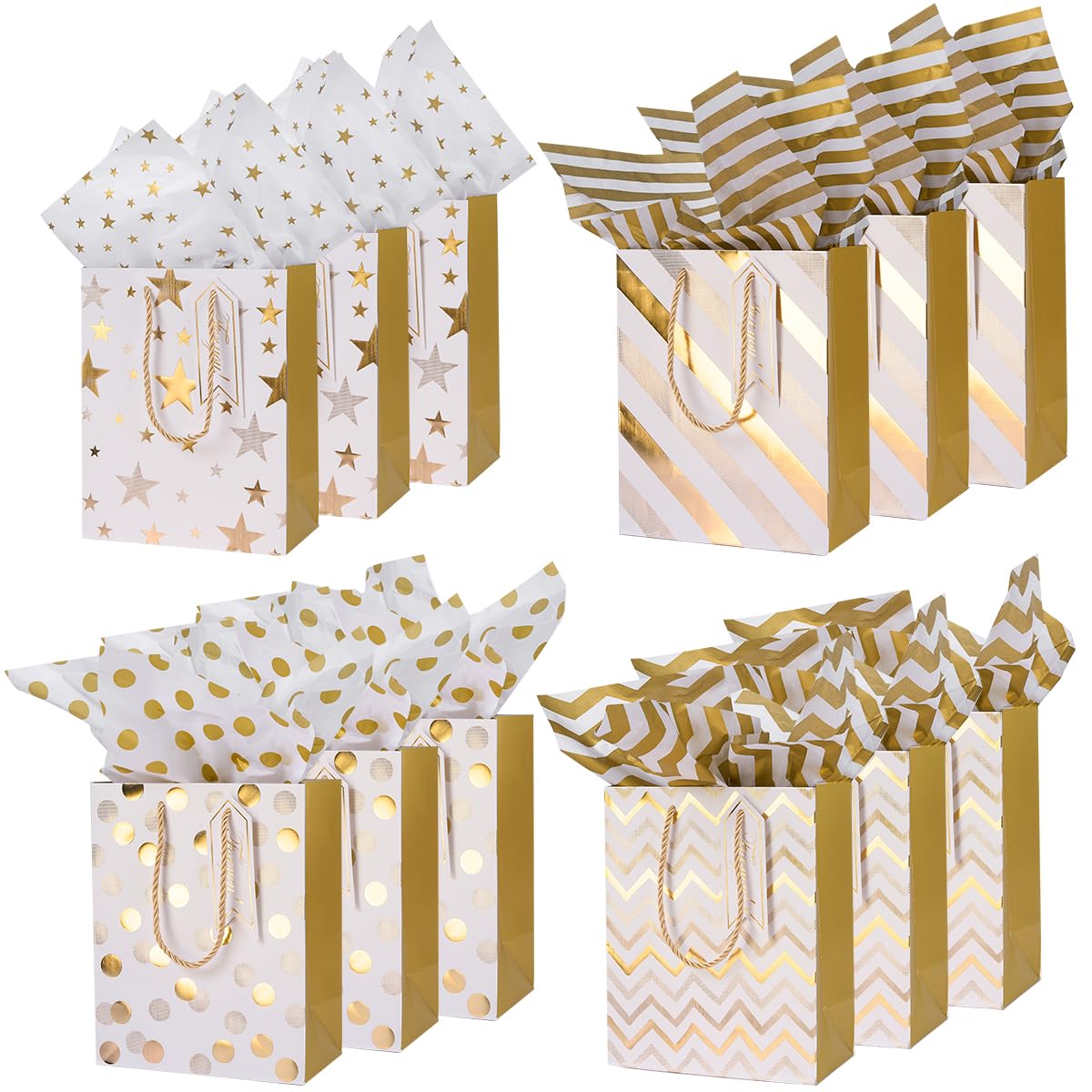 Paper Gift Bags with Tissue Paper : Medium Gift Bag Gold Pattern Gift Bags for Christmas, Birthday, Wedding, Valentines Day Gift Wrapping - 12pcs 9.1 * 7.1 * 4inches