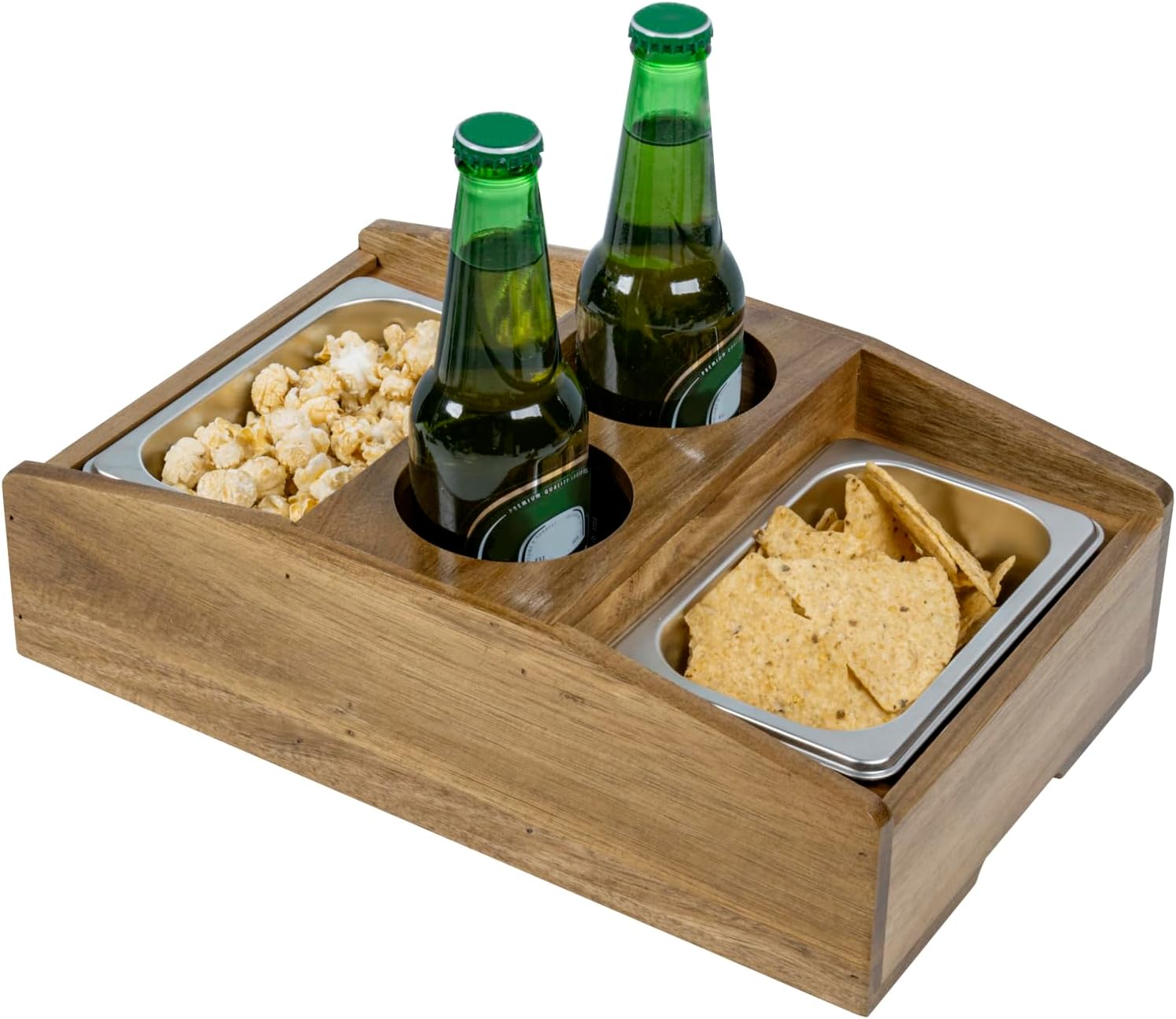 MyGift Cup Holder Tray and Couch Snack Caddy, Premium Solid Acacia Wood Sofa Beverage Drink and Snack Server with 2 Removable Metal Trays