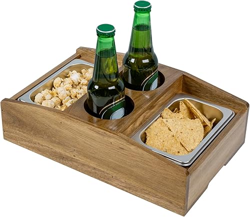 MyGift Bandeja Portavasos y Organizador de Aperitivos para Sofá, Servidor Premium de Bebidas y Aperitivos de Madera Maciza de Acacia Sólida con 2