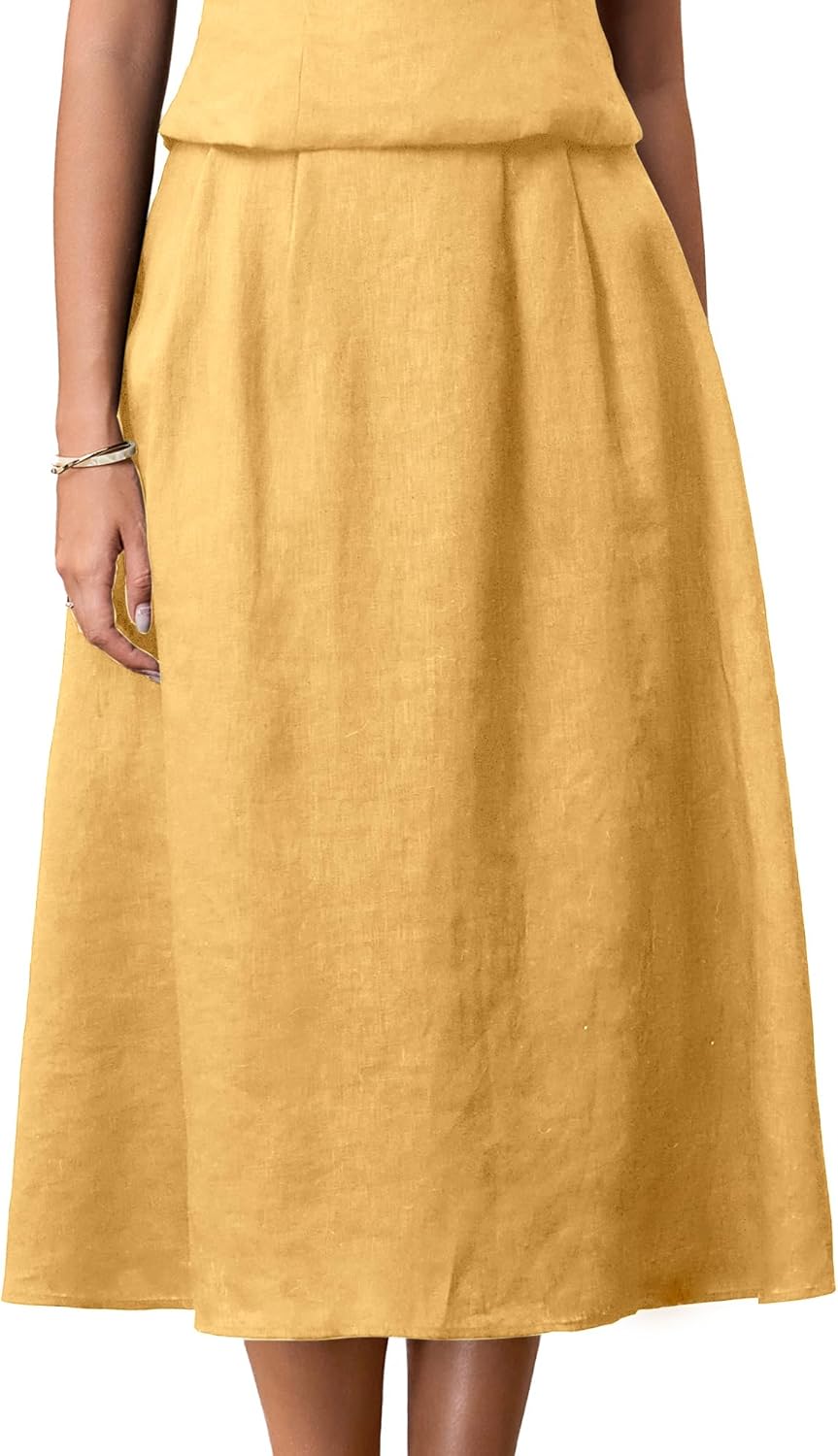 Women's Linen Midi Long Skirt High Waist A-Line Flowy Maxi Skirts Casual Boho Beach Dress