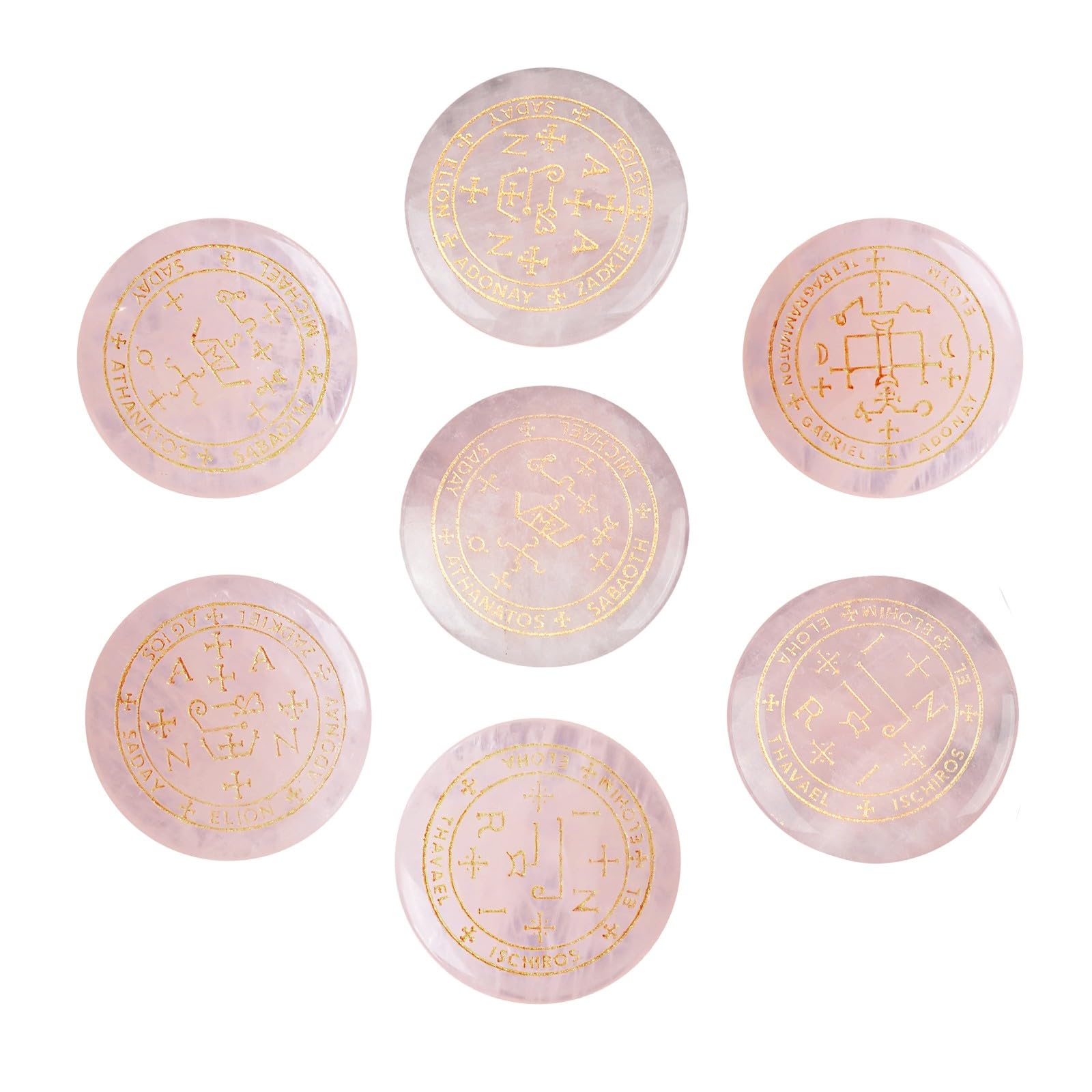 7 piedras de cuarzo rosa con símbolos de arcángel para meditación Wicca y equilibrio de chakras