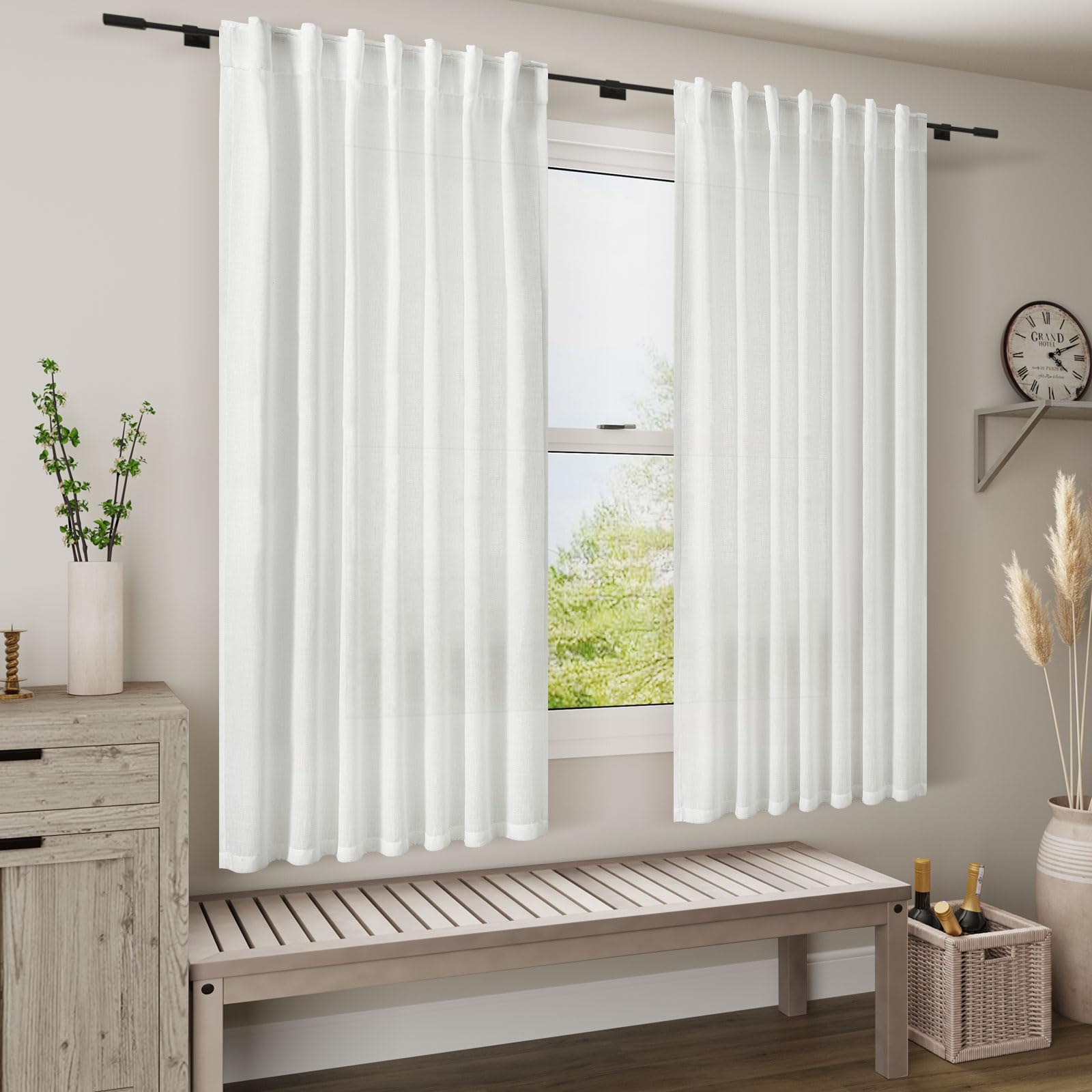 Tende in lino bianco 160 cm di lunghezza, per camera da letto, con linguetta posteriore, filtraggio della luce, privacy, tende bianche velate moderne per casa colonica, decorazione costiera, tenda in