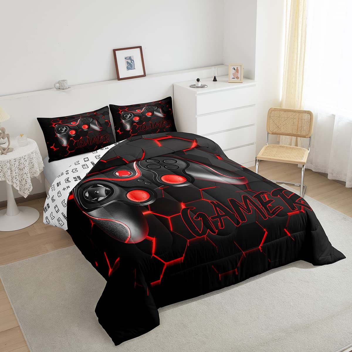 Gamer Gaming Reversible Comforter Set for Teens Red Black Gamepad Bedding Set Geometry Hexagon Bedding Home Decor for Kids Comforter Twin Size Games Quilted Duvet Set 1 Comforter with 1 Pillowcase