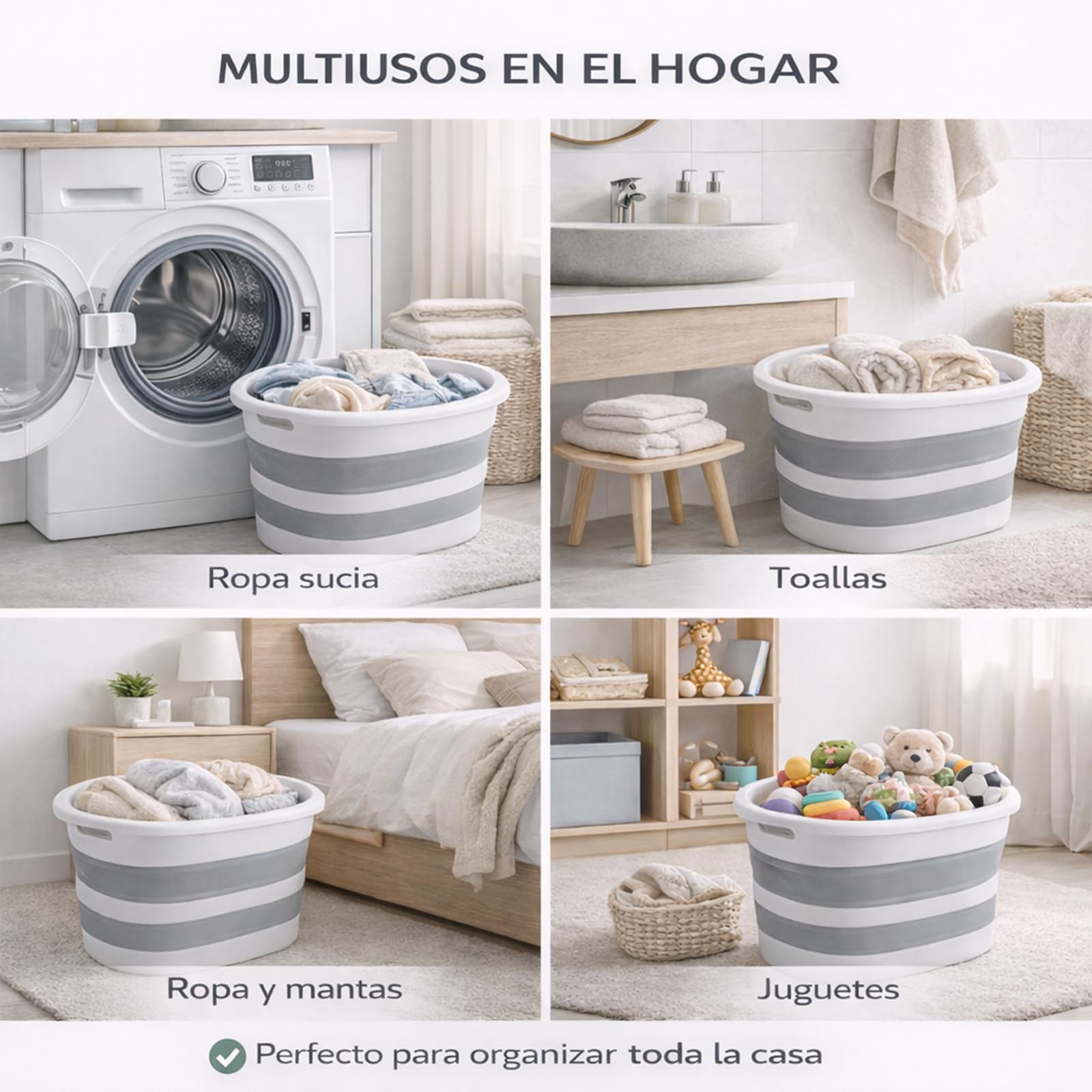 ForenTex Cesta Ropa Sucia Plegable 36L con 2 Bolsas de Lavado, Cesto Ropa Sucia Plástico TPR+PP Resistente, Barreño Colada Plegable Ahorra Espacio para Baño, Lavandería y Dormitorio, Gris y Blanco — view 7