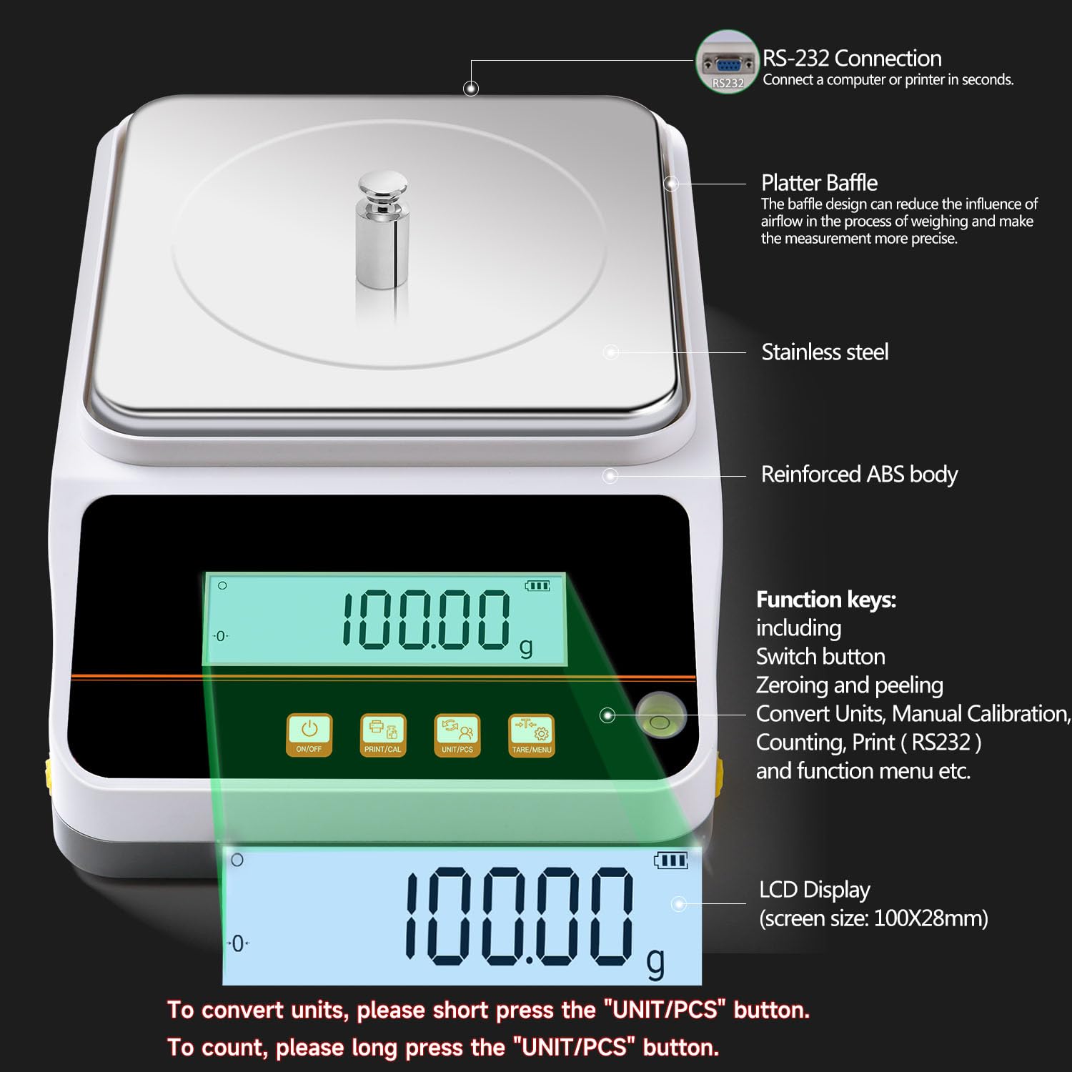 Balanza analítica de laboratorio inteligente de 3kg x 0.01g con modo de pesaje, modo de conteo, modo de precios, modo de porcentaje, modo de función, modo de tela textil. 19 unidades y admite
