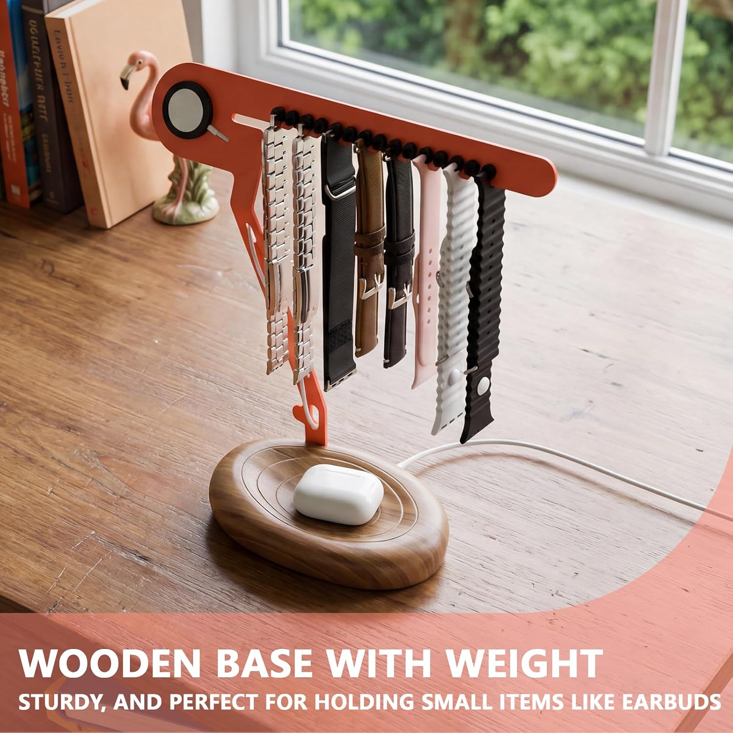3 in 1 Watch Band Holder Organizer for Apple, Apple Watch, Band and Charger Organizer, 15 silicone Groove Display, 13 inch height large space design, Walnut Wooden Base, steel stand