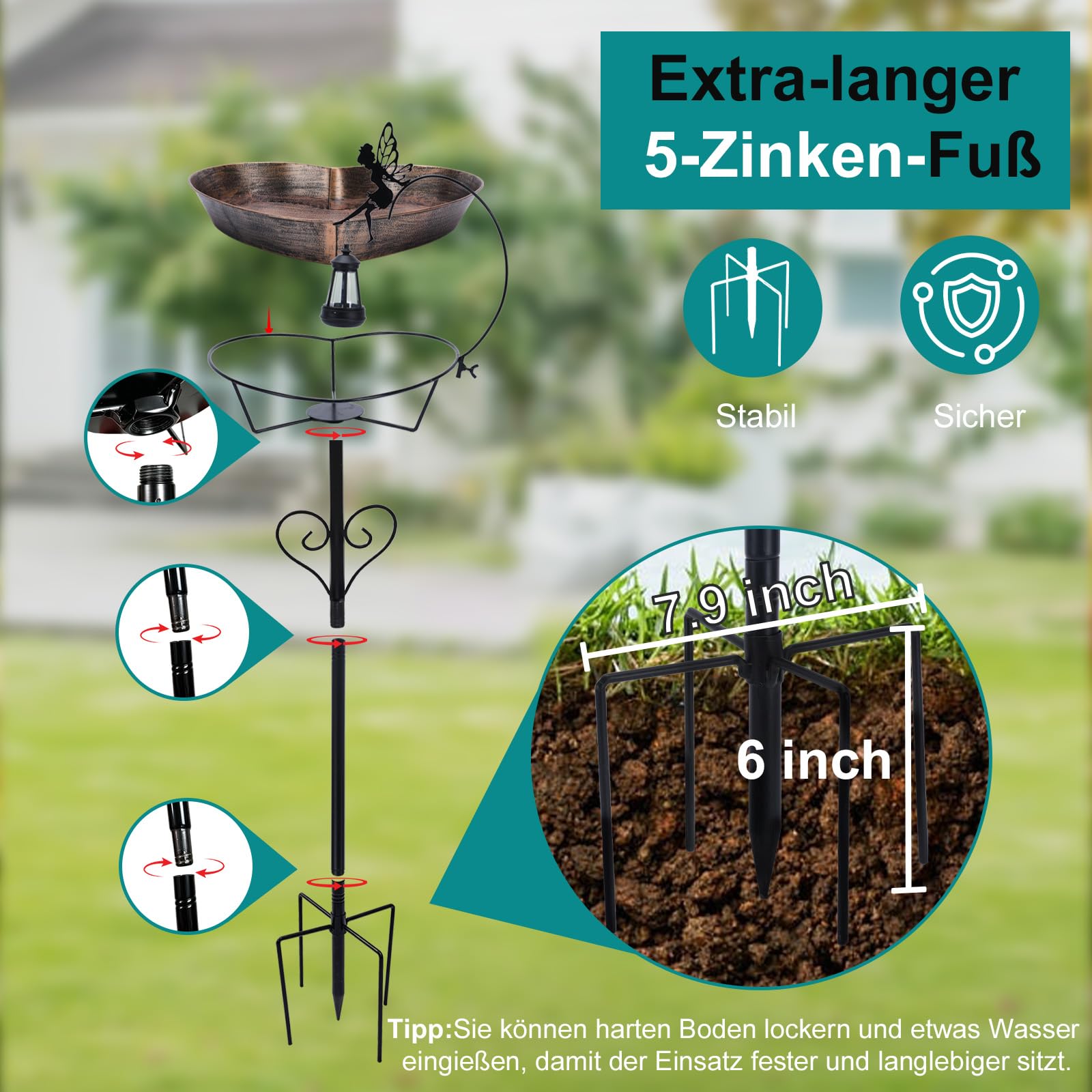 Solar Metall Herzförmiges Vogeltränke mit Liebevollen Feen & Solarlampen