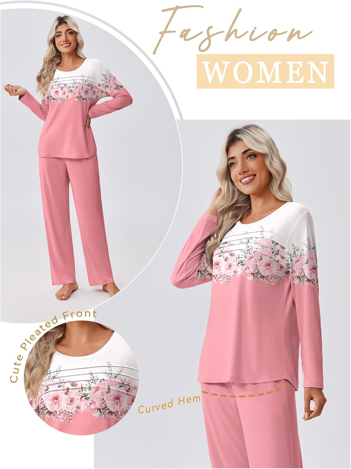 Ekouaer Womens Pajama Sets Pleated Tops with Long Pants Lounge Set Long Sleeve Fall Sleepwear Ladies Pjs S-XXL - Image 4