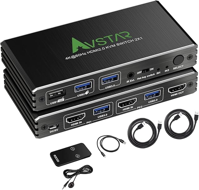 4K@60Hz HDMI 2.0 KVM Switch with USB 3.0 2 in 1 Out, 2 Port KVM Switch for 2 Computers 1 Monitor, 2 PCs Share 1 Set of Keyboard, Mouse, Printer for Mac, Windows, IR Extension Remote