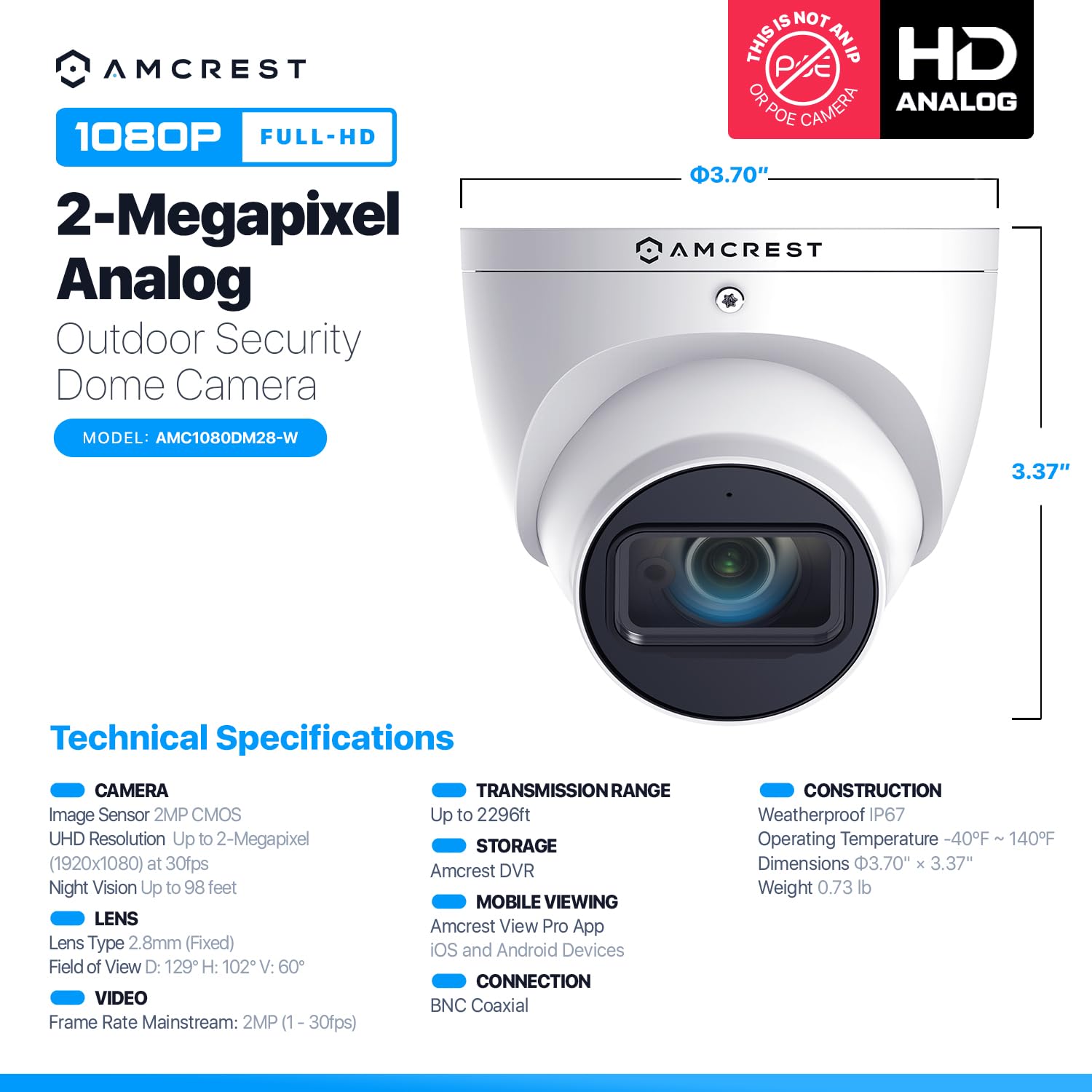 Amcrest Analog Outdoor Security Camera Dome 2MP 1080P @ 30fps, Quadbrid, 129° FOV, White (Not an IP Camera) (DVR Required, Not Included) AMC1080DM28-W