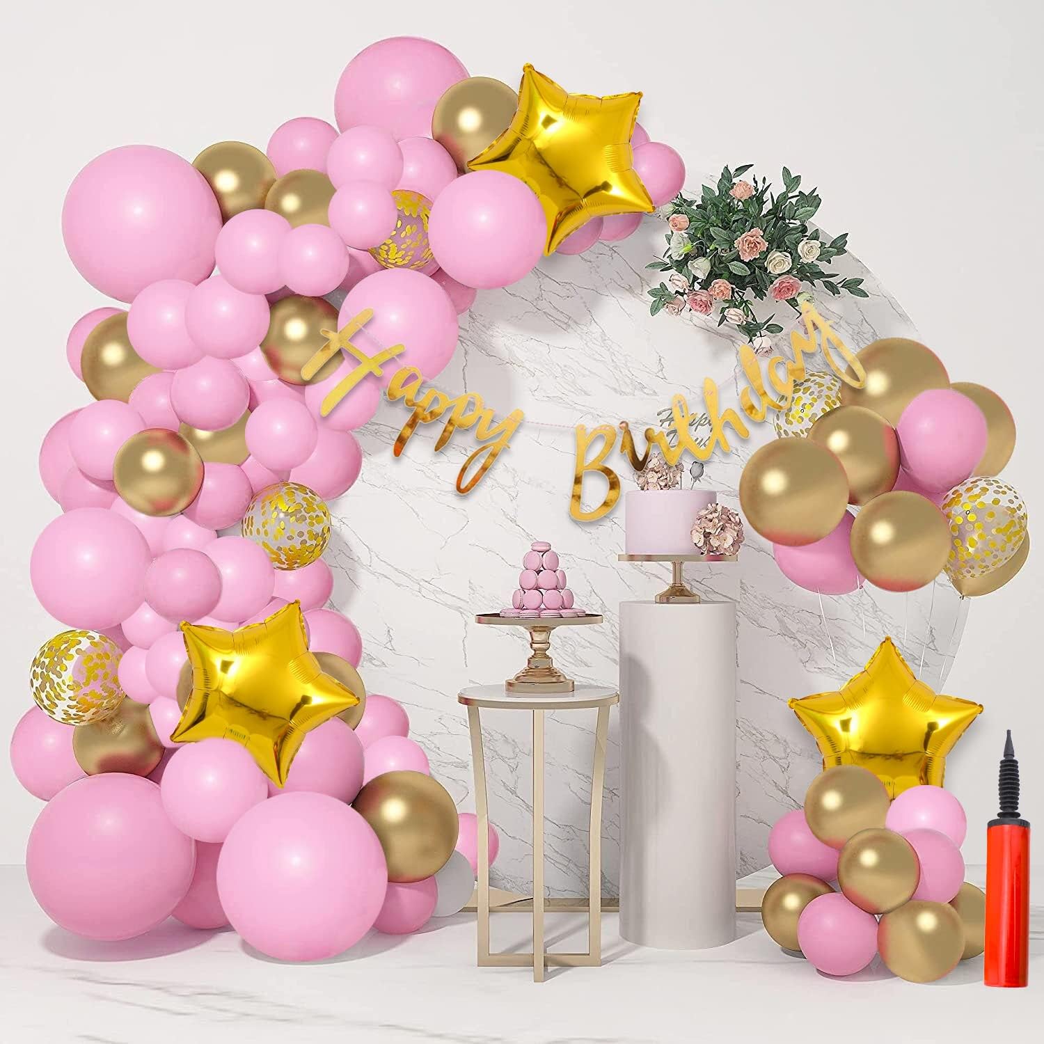 Party Propz Birthday Decoration Items - 65 Pcs, Happy Birthday Decorations Kids Adults | Pink Golden Theme Birthday Combo Girl Women Wife | Banner(Cardstock), Balloons, Hand Pump, Glue Dot, Arch Tape