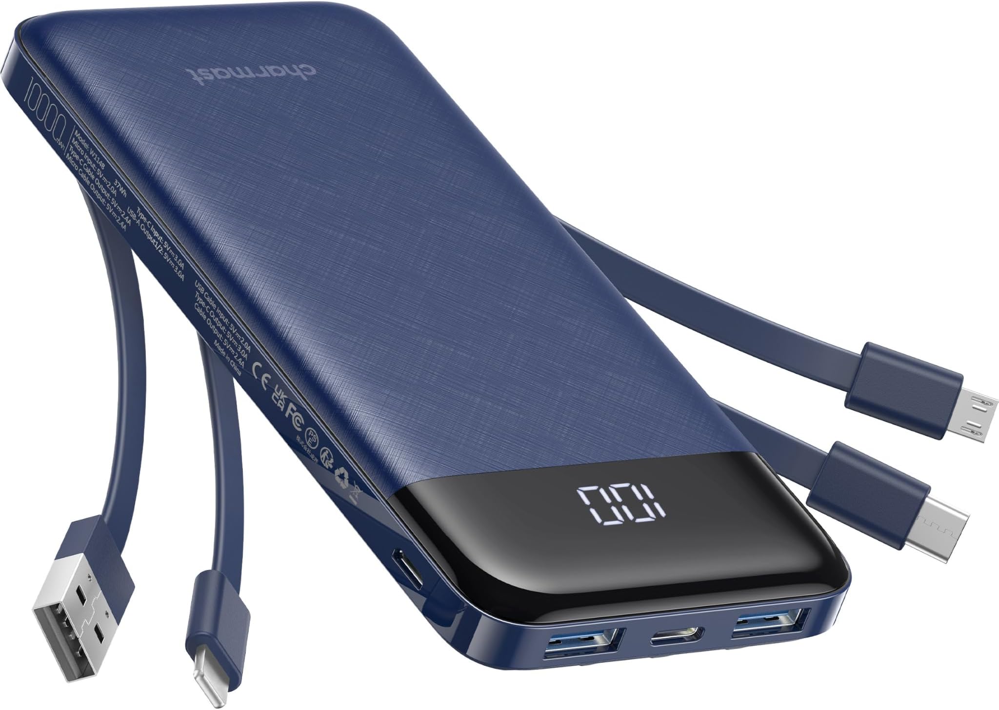 Charmast Power Bank with Built in Cables X 4, 10000mAh Portable Charger | Slim Type C Powerbank 6 Outputs 3 Inputs, LED Display, Travel Essentials, USB C Battery Pack Compatible with iPhone17/Samsung