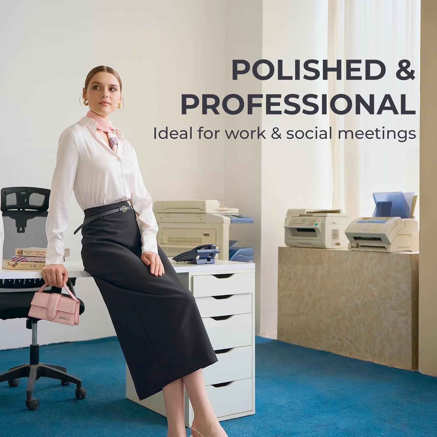 Women's Midi Pencil Skirt Black High Waist with Belt Back Slit Invisible Zipper Business Work Office Casual Wear - Image 5