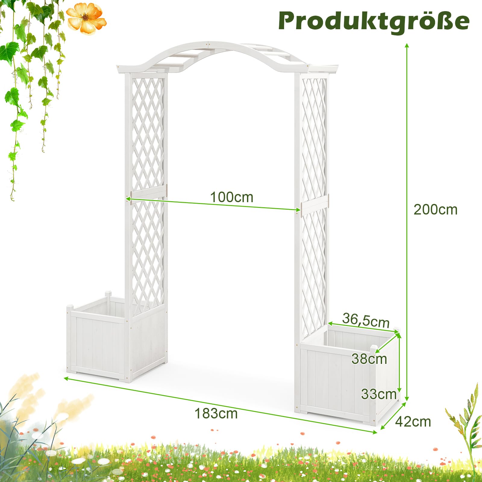 COSTWAY 2-in-1 rozenboog met bloembak, pergola van dennenhout, poortboog met spalier voor klimplanten, tuinboog, klimhulp, rankrooster, modern, wit, 183 x 42 x 200 cm