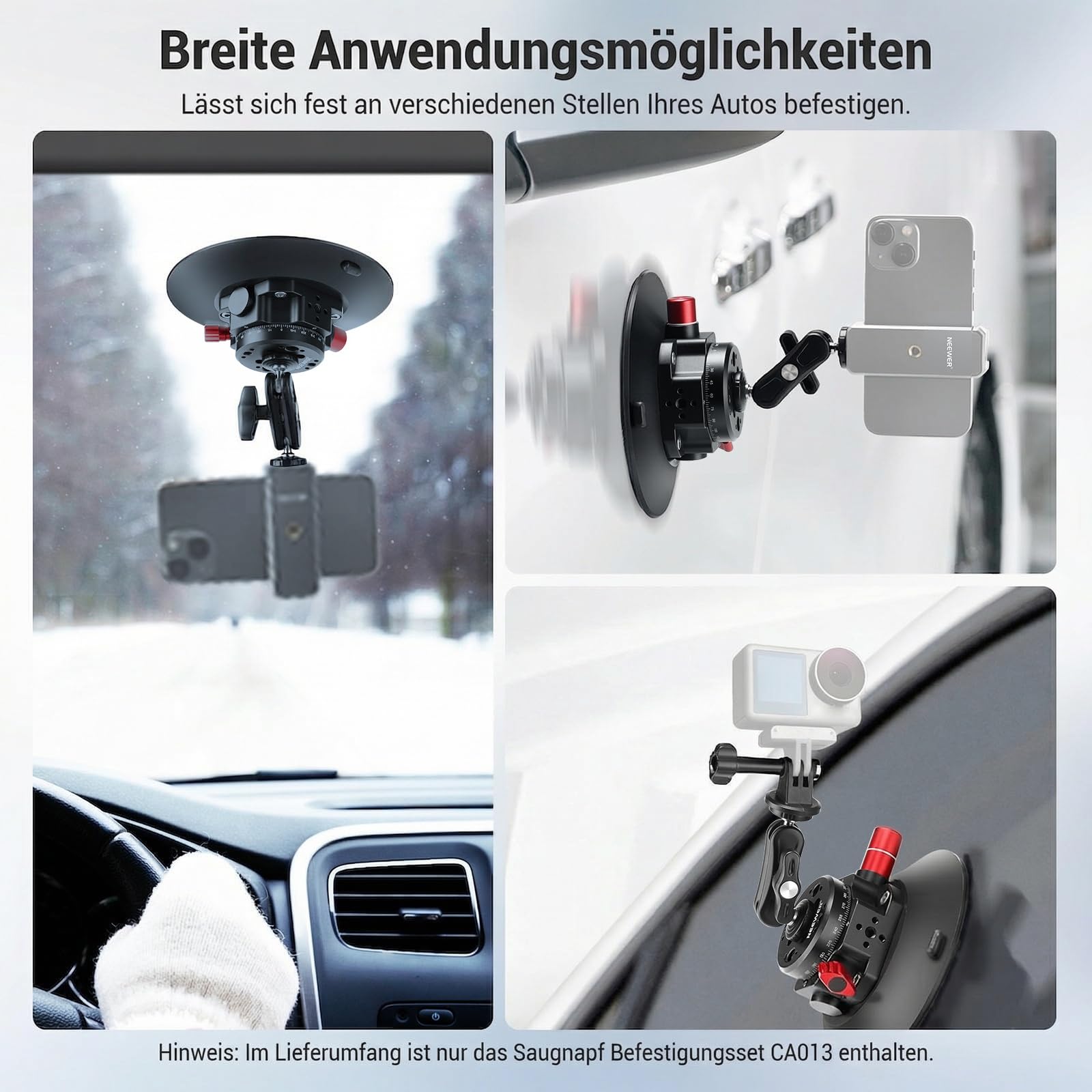 NEEWER 6"/15,2cm Kamera Saugnapf Halterung mit Kugelkopf Magic Arm, Metall Saugnapfhalterung an der Auto Windschutzscheibe für Action Kamera/Handy Halter, mit 1/4“ & 3/8" Befestigungslöchern für ARRI