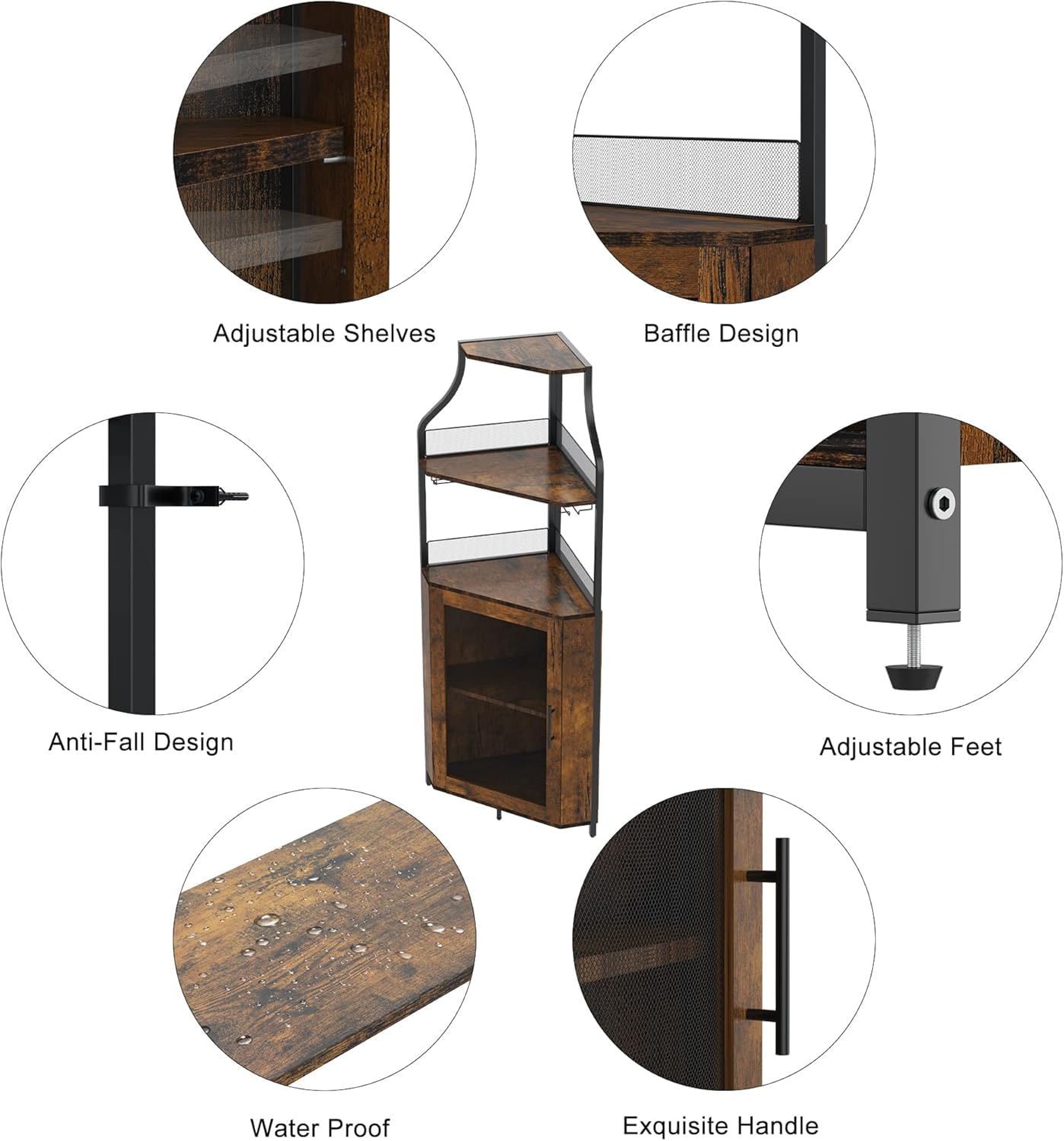 Weinschrank Eckschrank mit Arbeitstisch,Holz Weinschrank mit 5 Ablagefächer Und 2 Glashalterund Netztür für Küche, Wohnzimmer, Esszimmer(152X90x32cm,Naturholzfarbe)