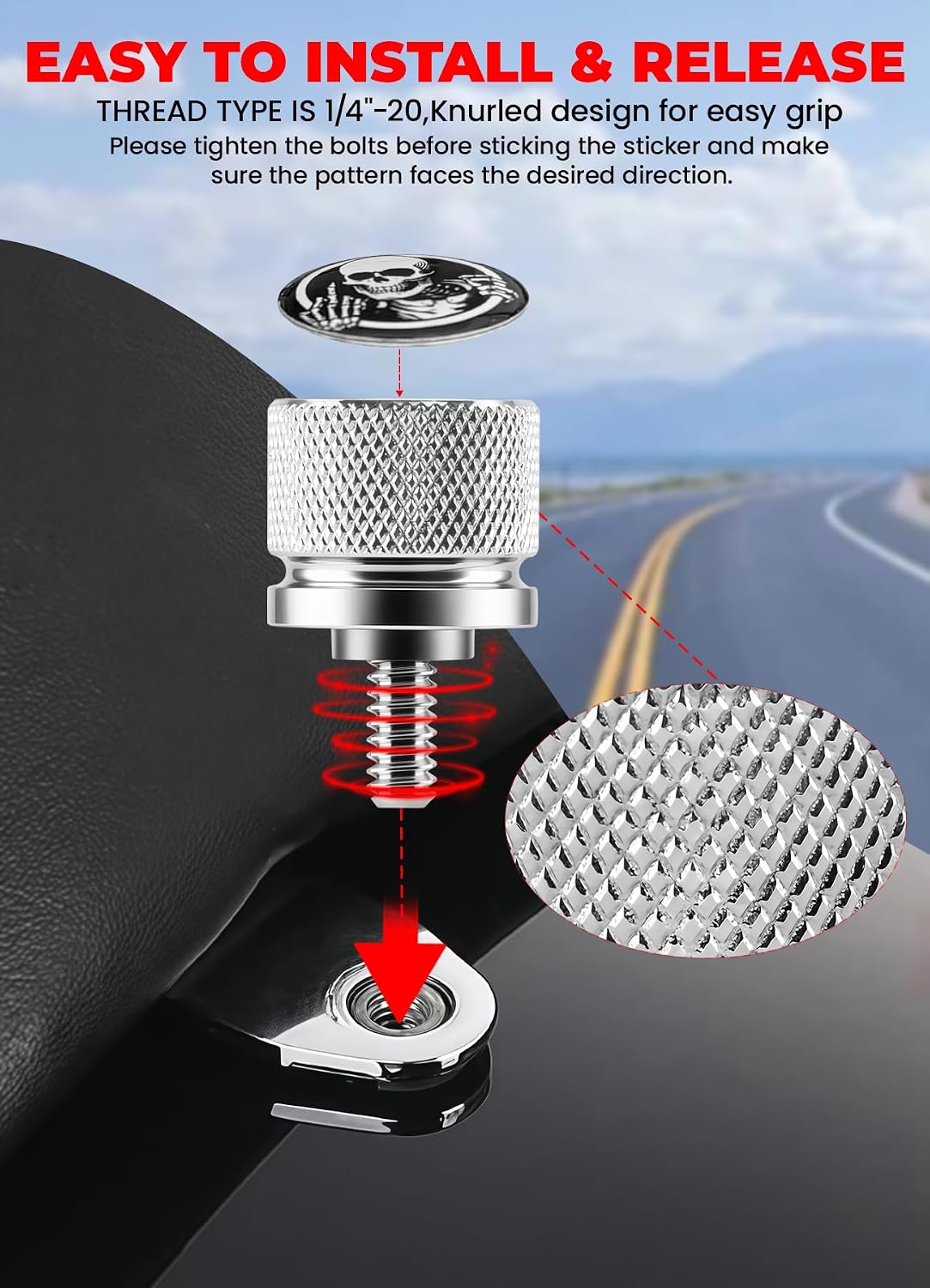 Motorcycle Knurled Fender Rear Seat Bolt Screw 1/4"-20 Thread Compatible with Harley Davidson Touring Electra Glide,Street Glide,Road Glide,Road King,Softail,Dyna,Sportster 1996-2025 (Chrome)