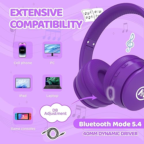 Miniatura 6 de Mokata Auriculares Bluetooth inalámbricoscon cable para niños, volumen limitado de 94110 dB sobre la oreja, plegable, protección contra el ruido,