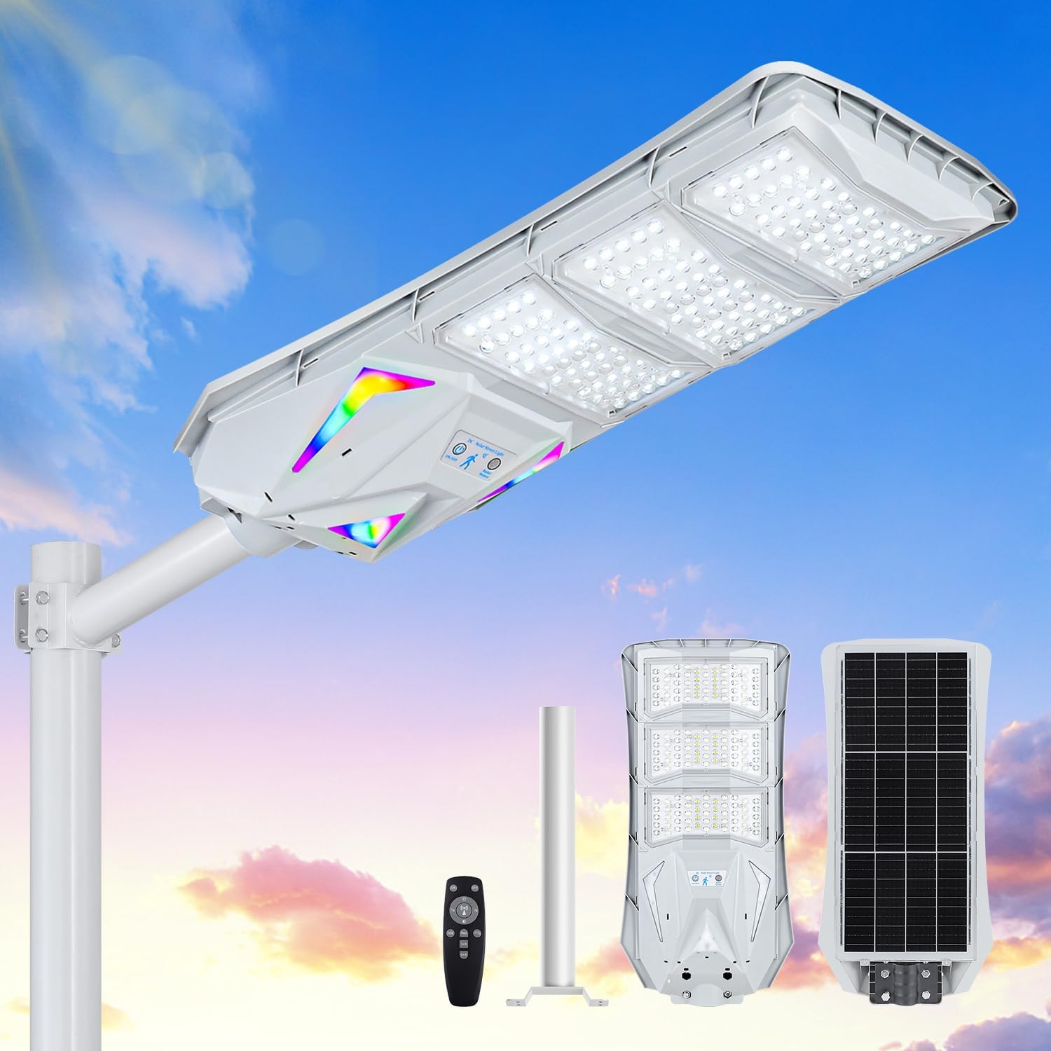 Solar Street Light for Outside, 6500K Super Bright LEDs, Dusk to Dawn Solar Flood Light with RGB Ambient Lights Motion Sensor, Waterproof Security Lights with Remote Control for Yard, Sports Court Solar Street Light for Outside, 6500K Super Bright LEDs, Dusk to Dawn Solar Flood Light with RGB Ambient Lights Motion Sensor, Waterproof Security Lights with Remote Control for Yard, Sports Court