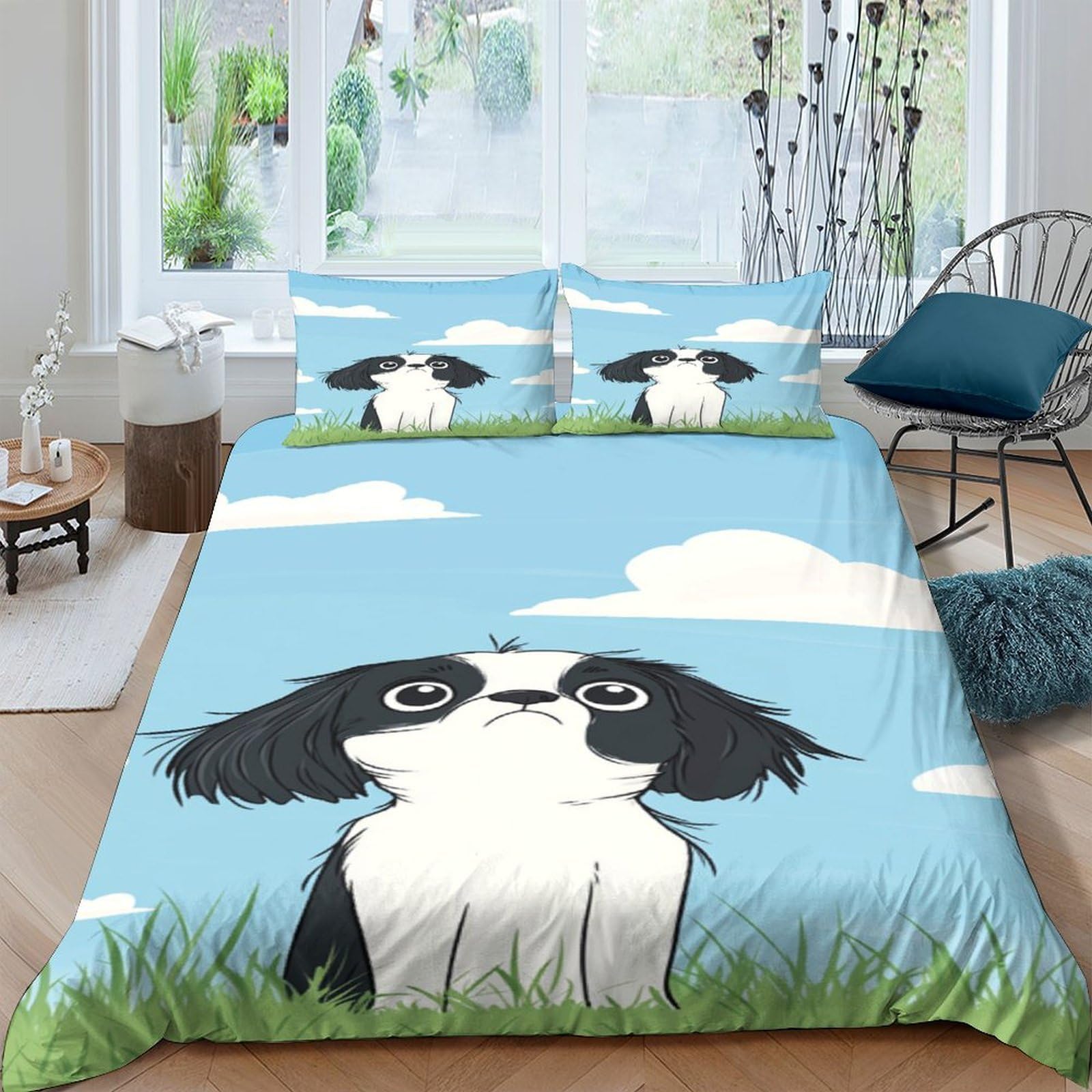 Ctjqhvkz Style-5 3D Printed Cartoon Dog Fitted Sheet Microfiber Blue Sky Grass Bed Cover Non-Slip Bedroom Mattress Decor Single（135X200cm）