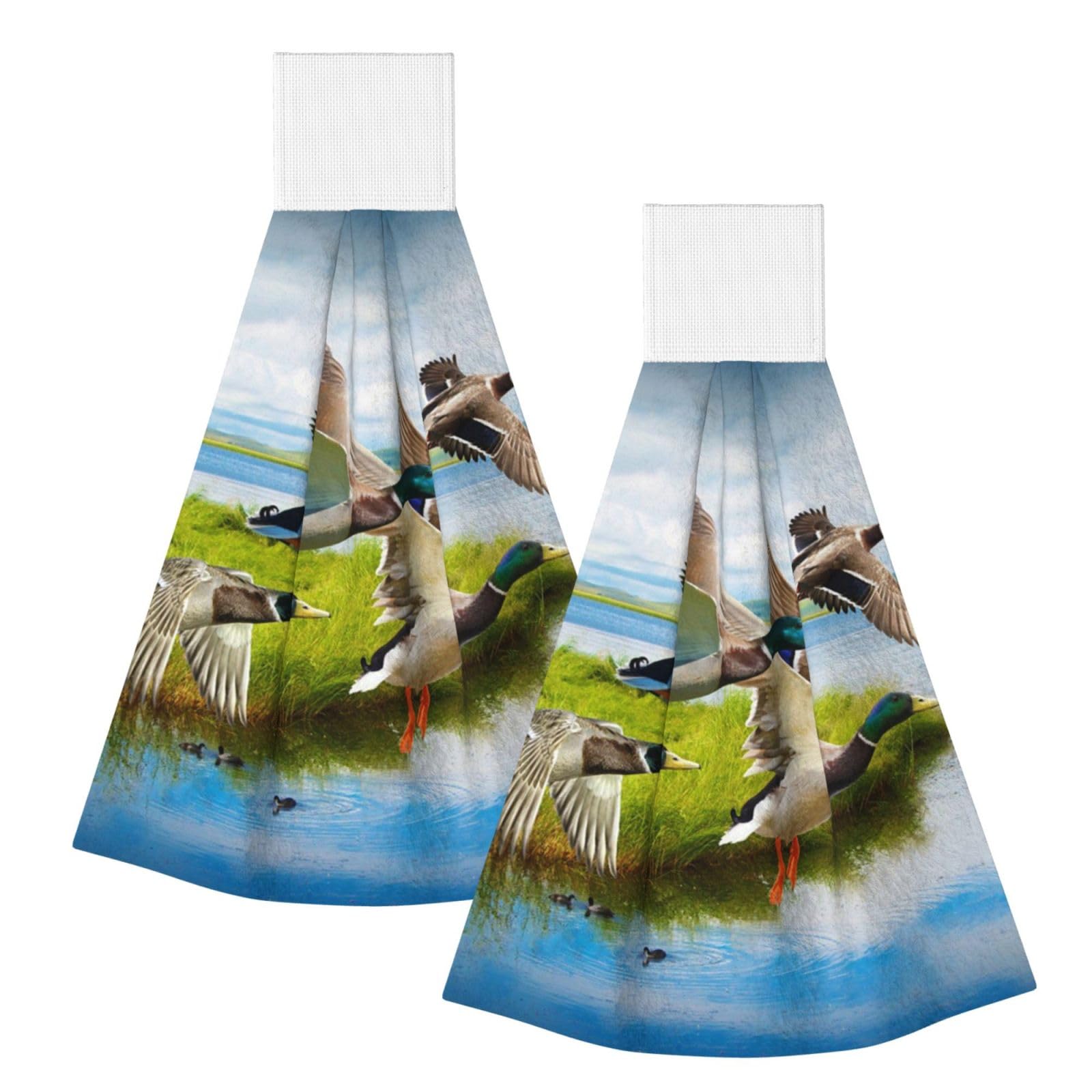 DOPKLNA Duck Large Design, 2 Pcs Hanging Coral Fiber Hand Towels for Bathroom, Absorbent Kitchen Towels
