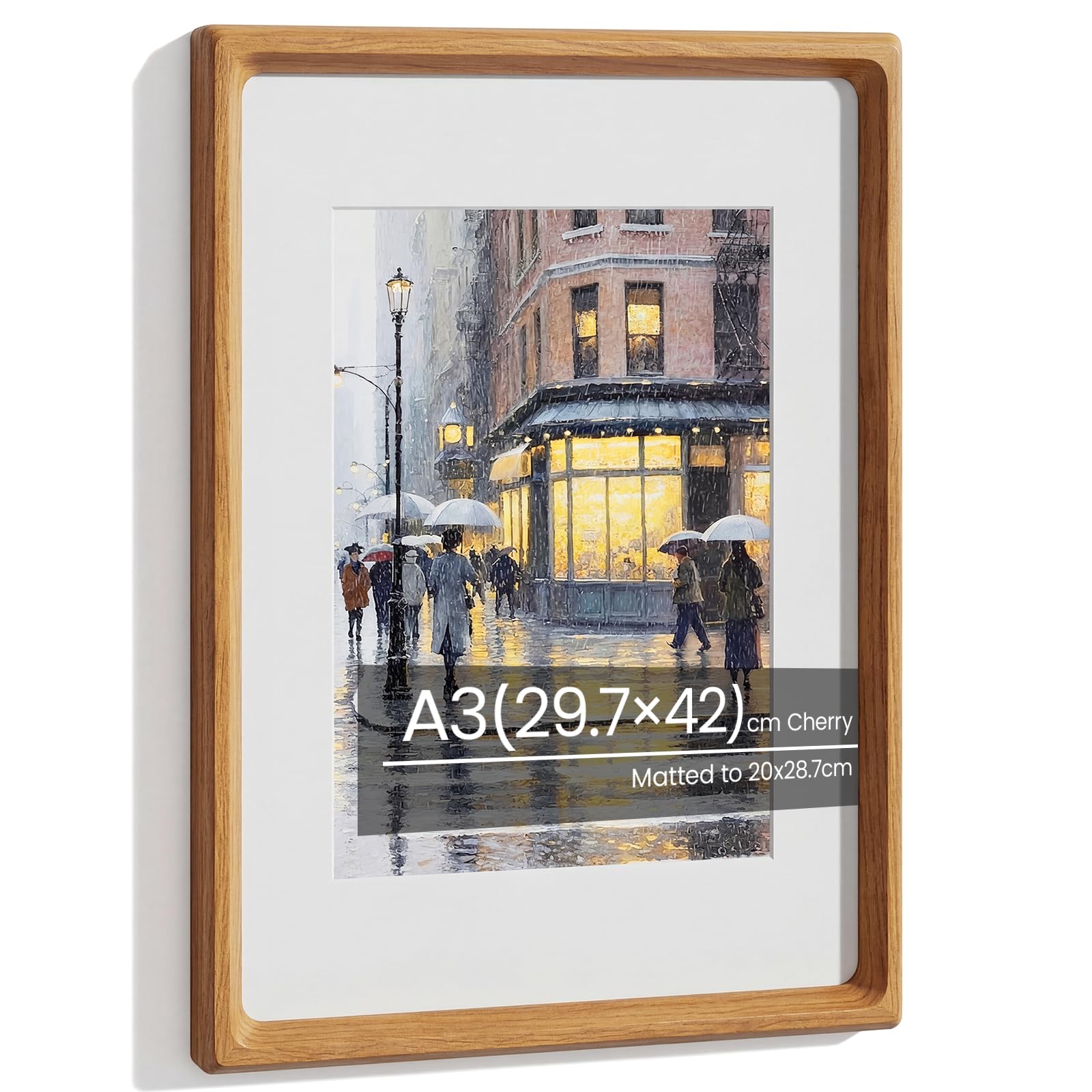 A3 Picture Frame, Natural Solid Cherry Wood A3 Photo Frame, Handcrafted A3 (30x42 cm) Frame with Mount for 20x28.7 cm, A3 Poster Documents Certificate Frame with Tempered Glass for Wall Hanging ﻿