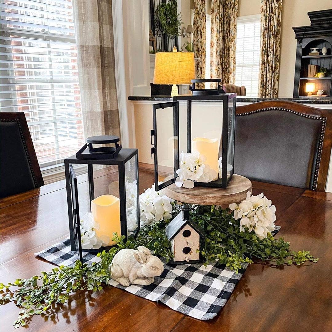 Exclusive Vintage Decorative Candle Lantern - Black Metal & Glass Paneled Tabletop Lanterns, Flickering LEDs, Indoor/Outdoor Use, Battery Operated, Garden Hanging Party Decor, Time & Remote Included - 2 Pack