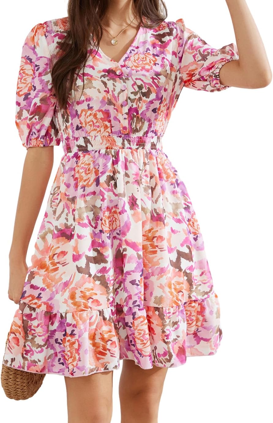 GRACE KARIN Women’s 2024 Casual Dress Summer V Neck Short Sleeve Tiered Flowy Beach Dresses with Button