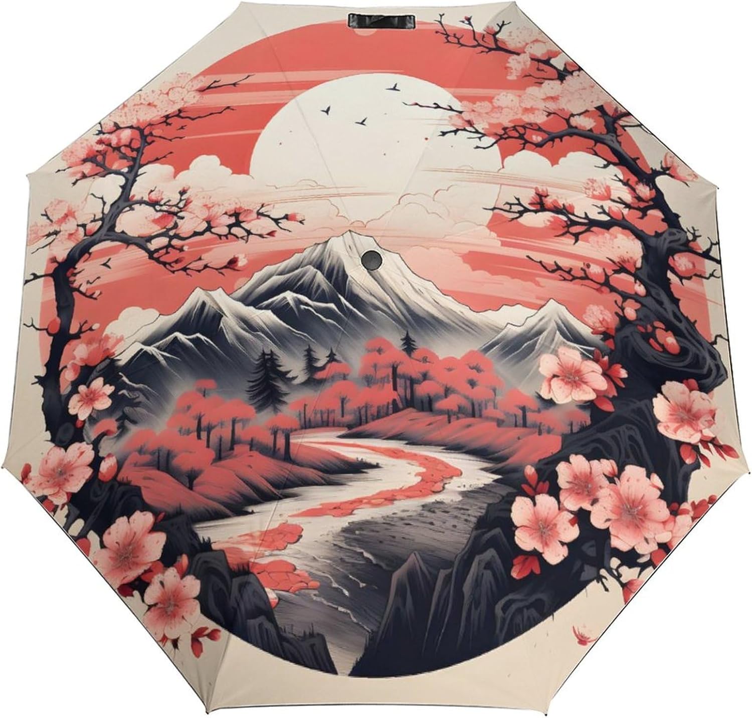 Japanese Fuji Auto Open Close Umbrella 3-Fold Design for Rain Sun Protection Cherry Blossom Windproof Compact Umbrella for Walking Travel Lightweight