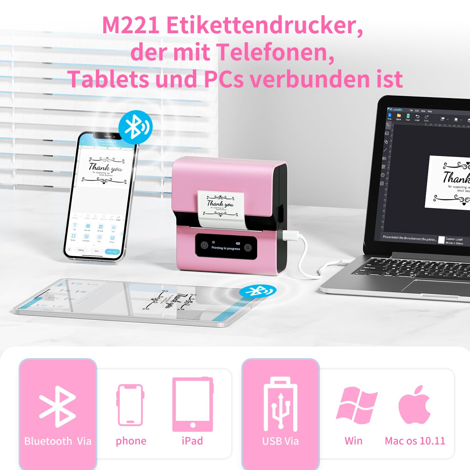 Phomemo M221 Etikettendrucker, Etikettiergerät Selbstklebend, Tragbarer Beschriftungsgerät Label Drucker Kompatibel with iOS & Android Smartphone, Pink