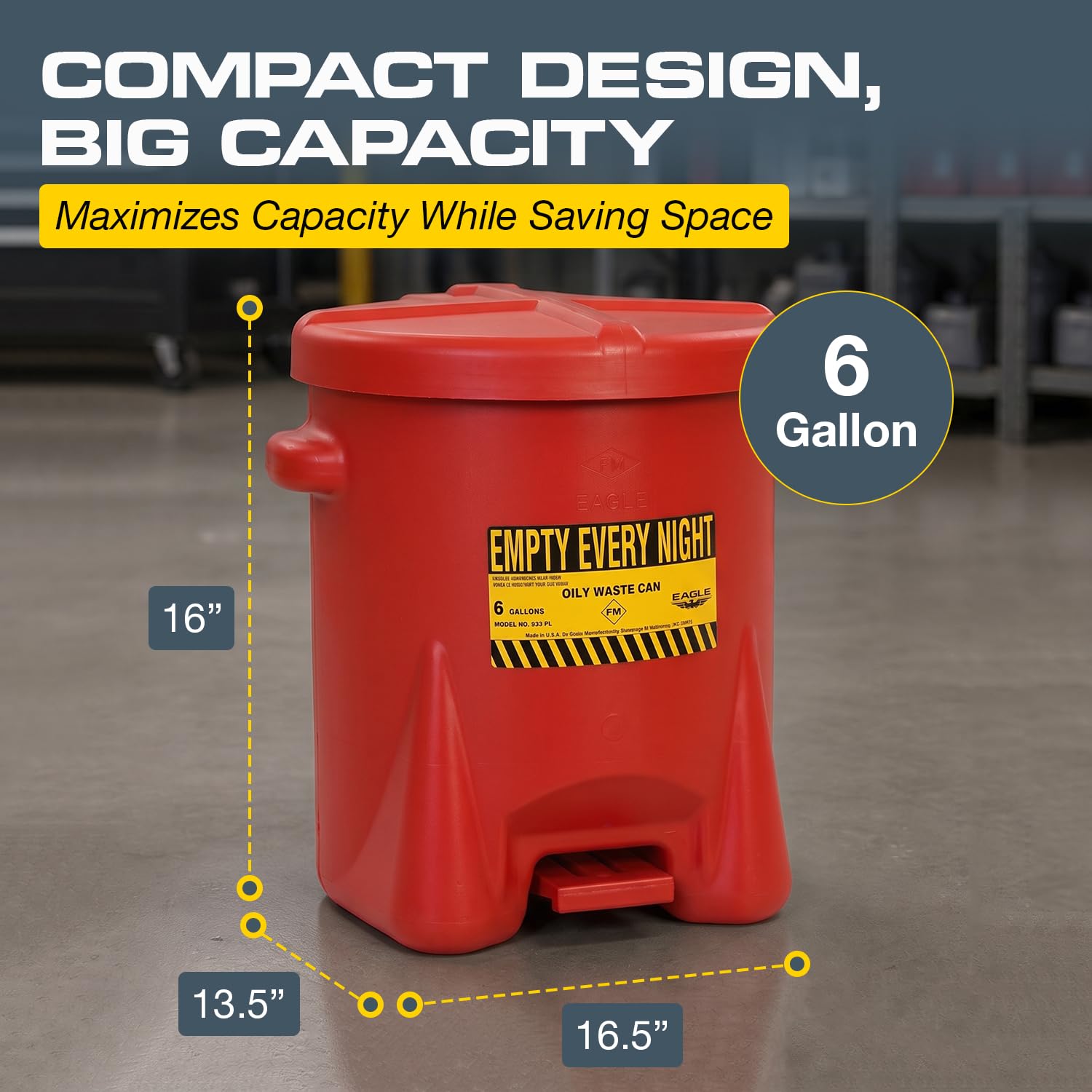 Eagle Oily Waste Can, Self-Closing Lid, 6 Gallon, Made in the USA, Red — Amazon image 2