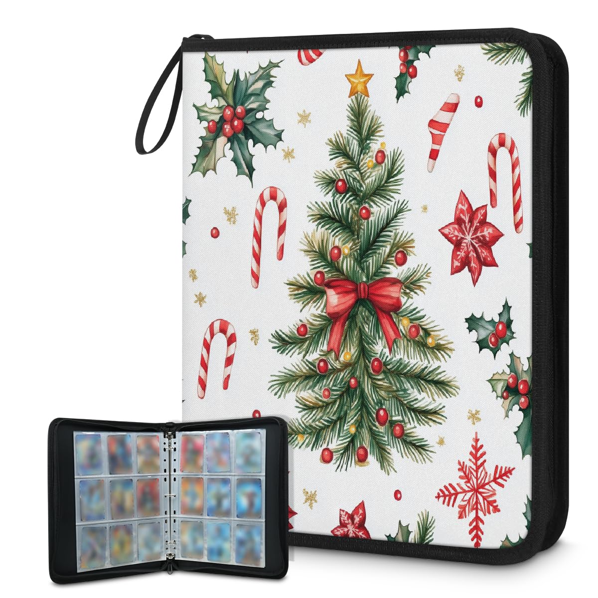 Sammelkartenbinder 9-Pockets, 900 Taschen Doppelseitige Karten Aufbewahrungstasche mit abnehmbaren Ärmeln, Weihnachten Kiefer Baum Süßigkeiten Weihnachtssterne Kartenhalter Album Protektoren Set für